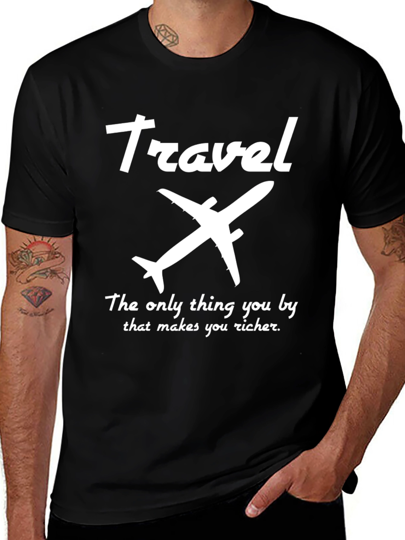 Black Travel Airplane Graphic T-Shirt - Makes You Richer Tee main image