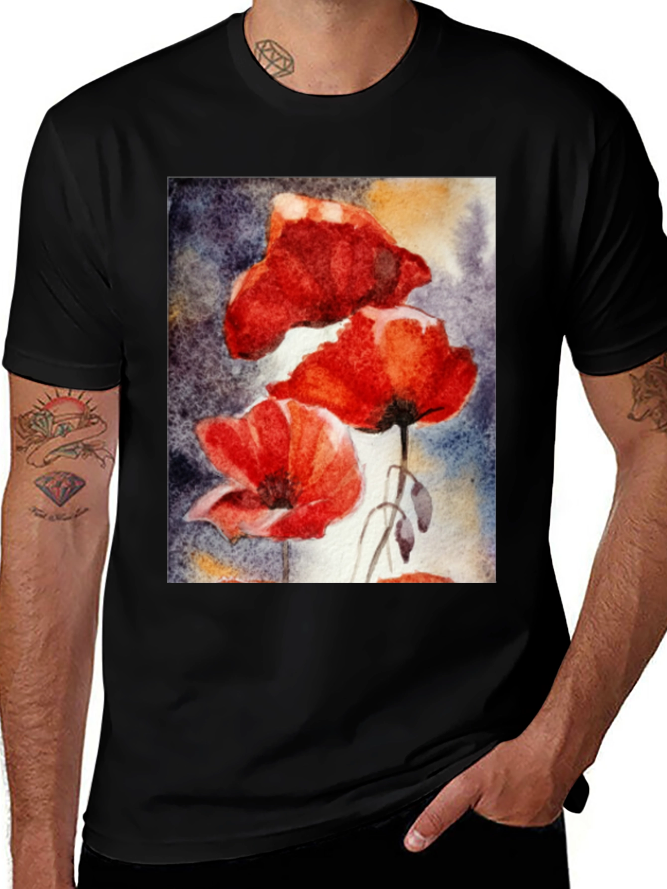 Variant 24 of Floral Art Black T-Shirt - Vibrant Poppy Design