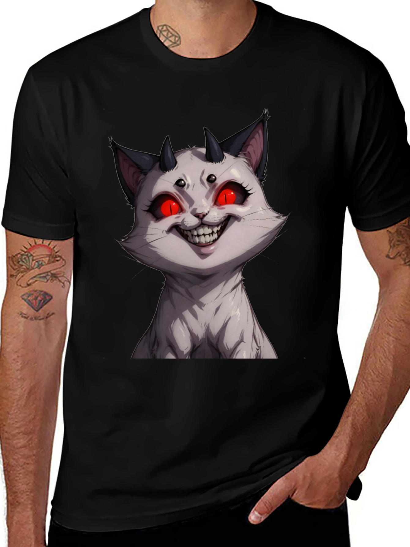 Variant 12 of Creepy Cat T-Shirt - Four Eyes Demon Kitten Tee