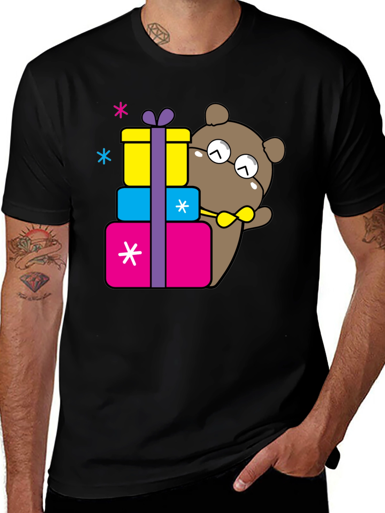 Cute Cartoon Bear with Gifts Black T-Shirt