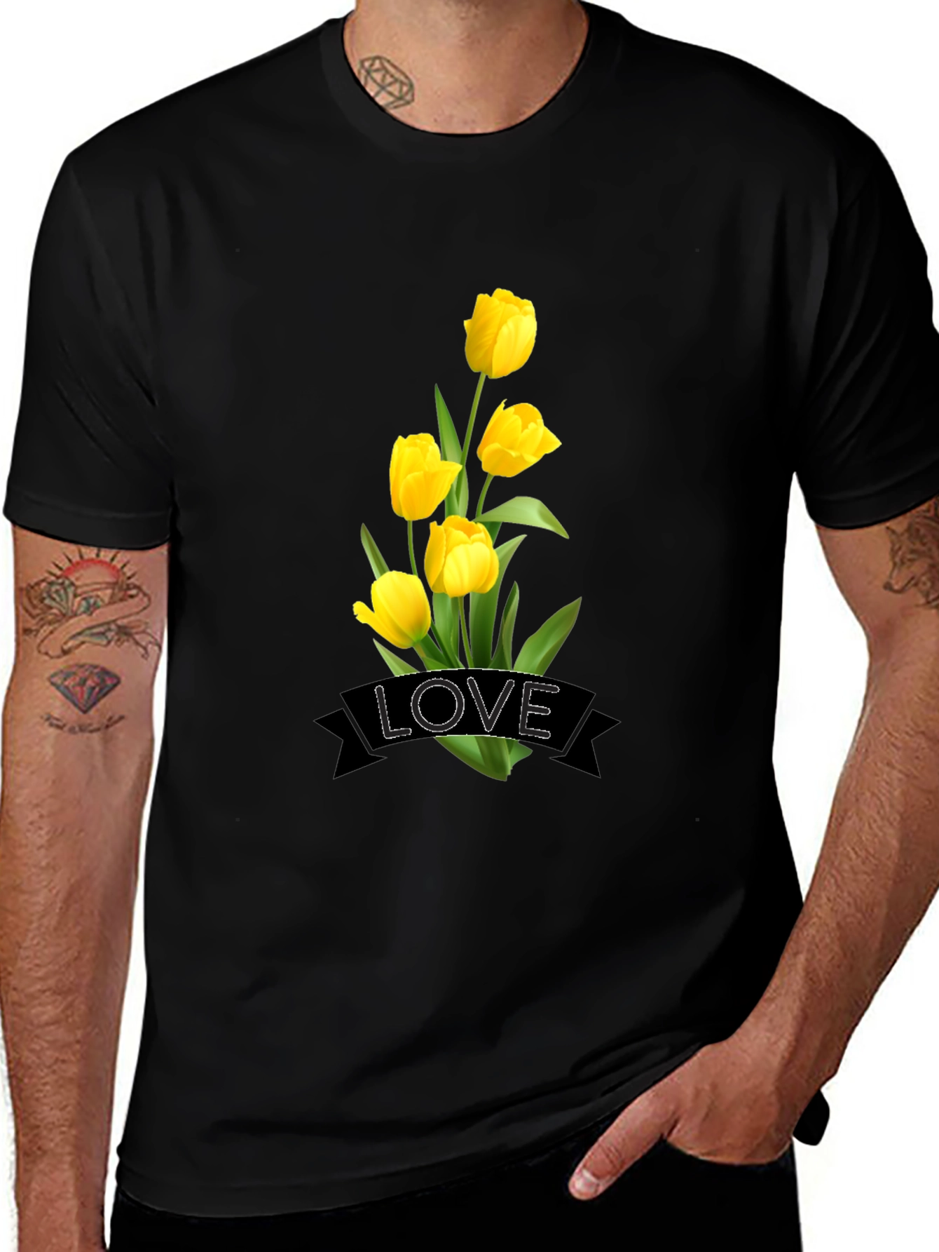 Variant 27 of Love Tulips Graphic Black T-Shirt