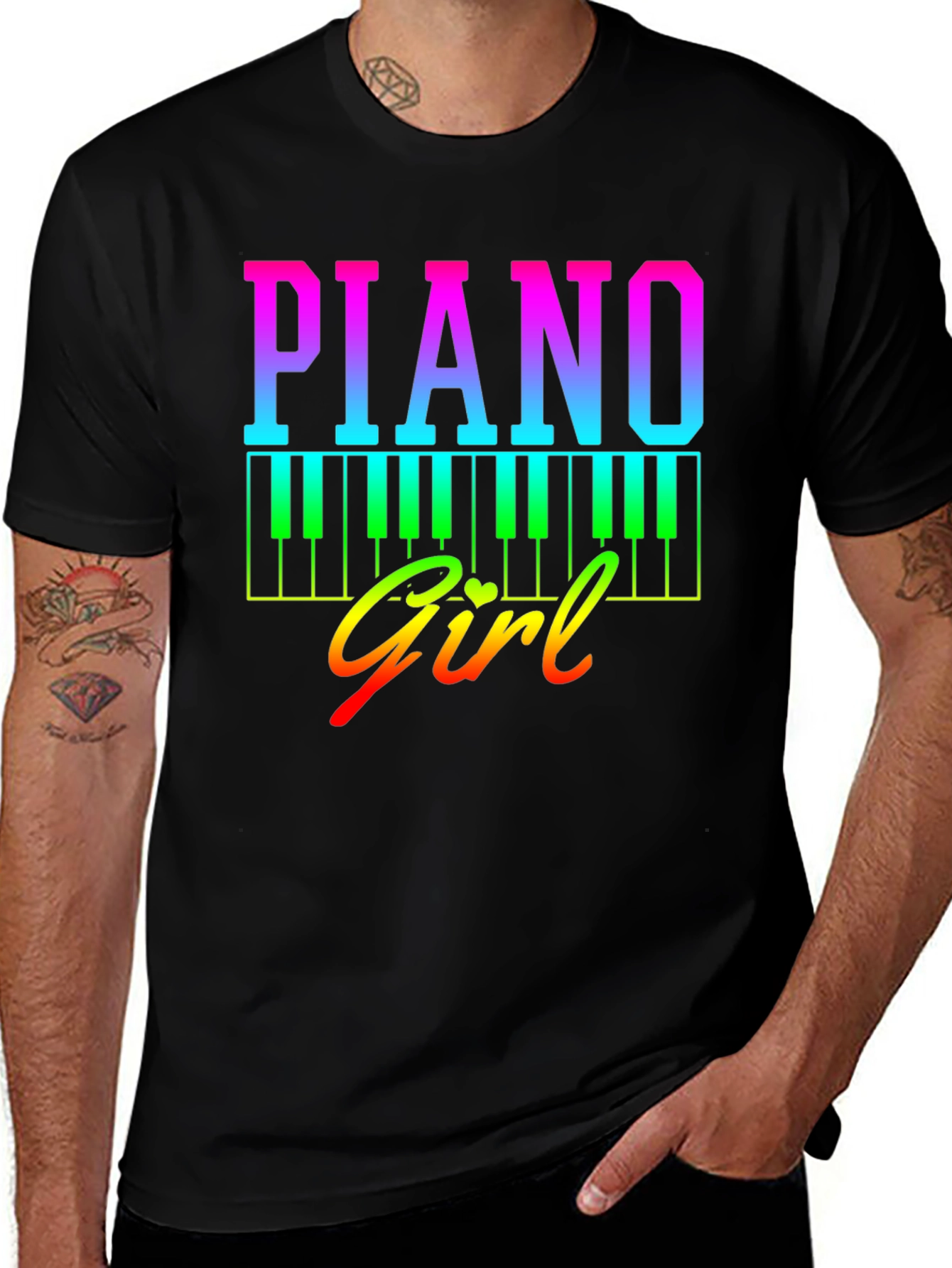 Black Piano Girl Rainbow Graphic Tee - Musician's Shirt main image