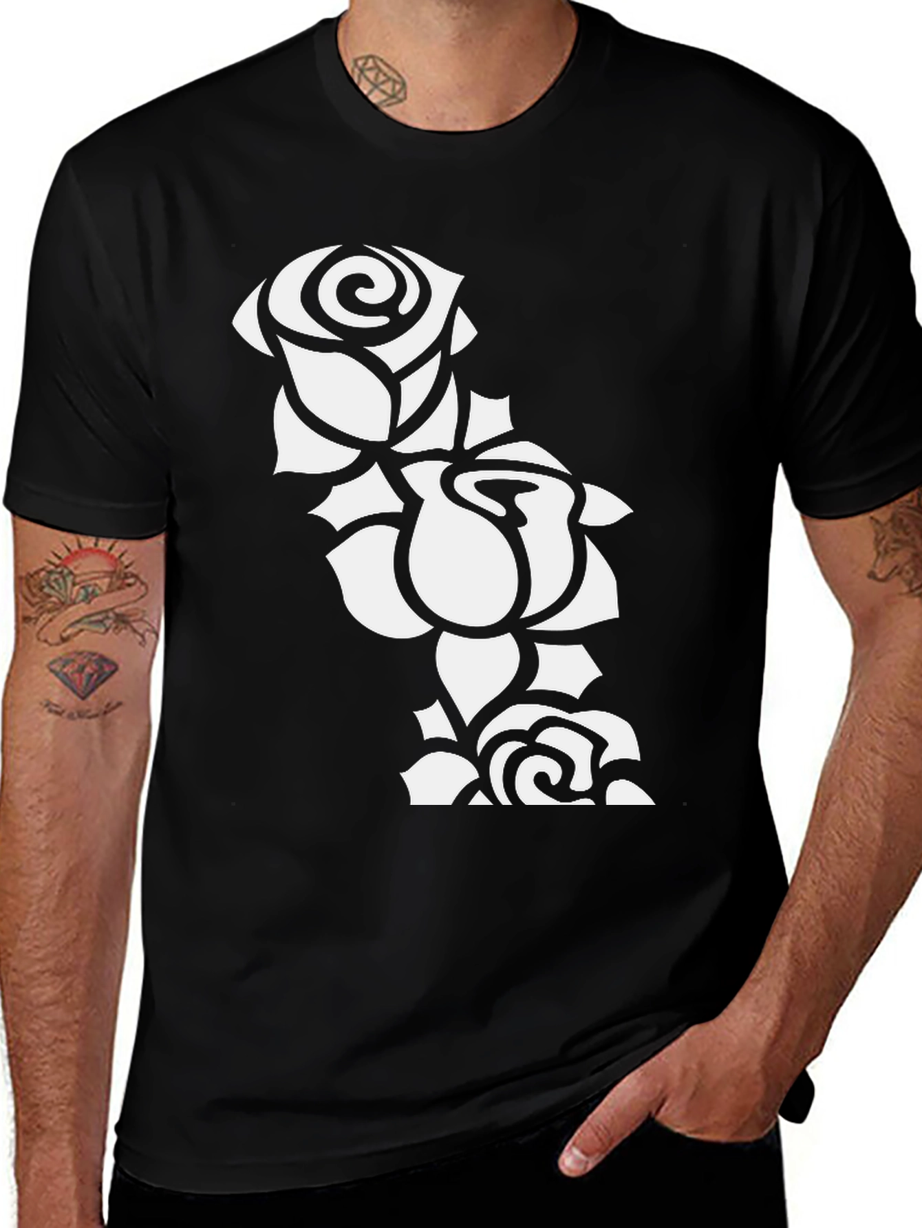 Variant 14 of Black T-Shirt with White Floral Rose Design
