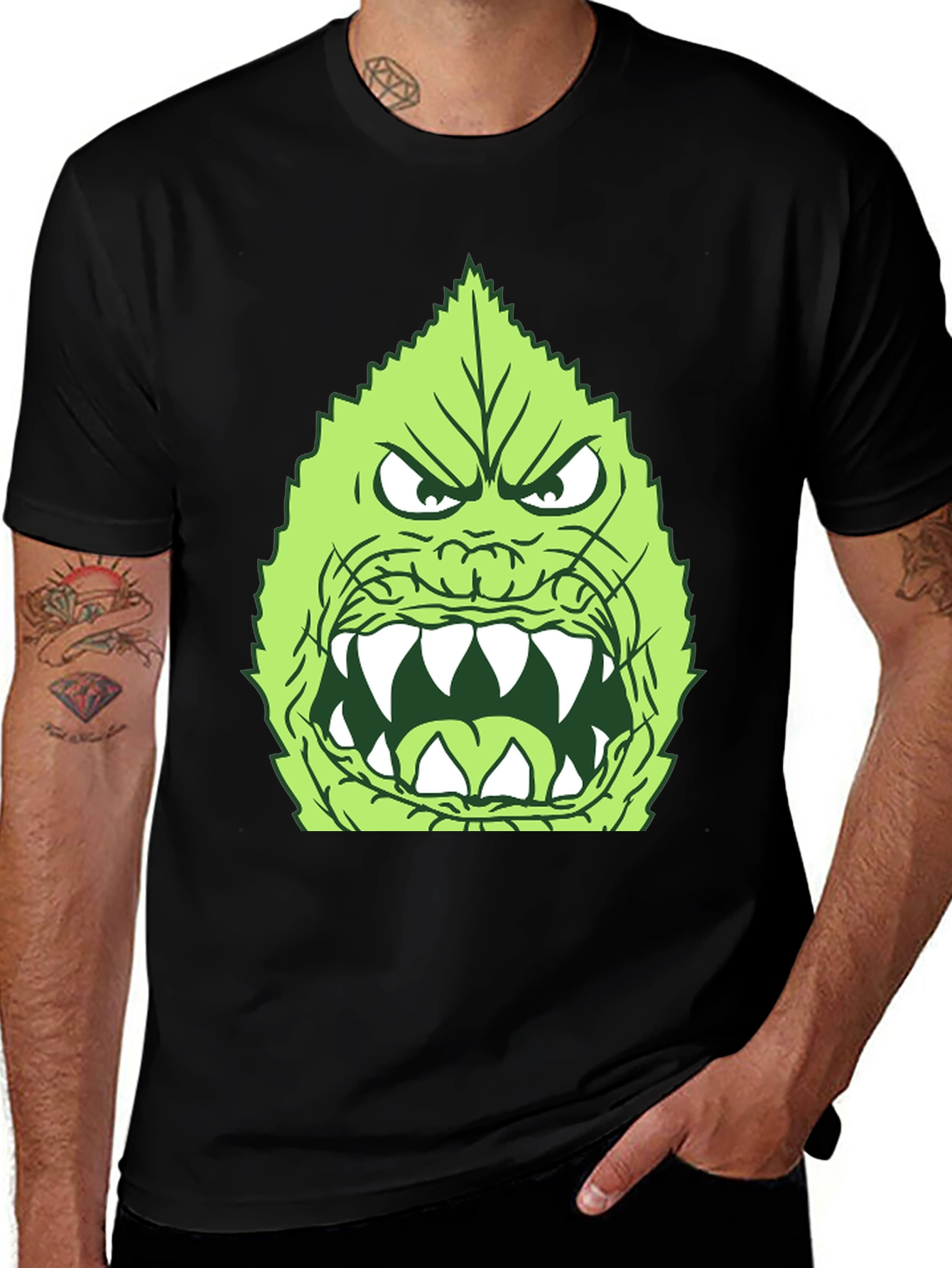 Monster Leaf Graphic Tee - Black Cotton Shirt