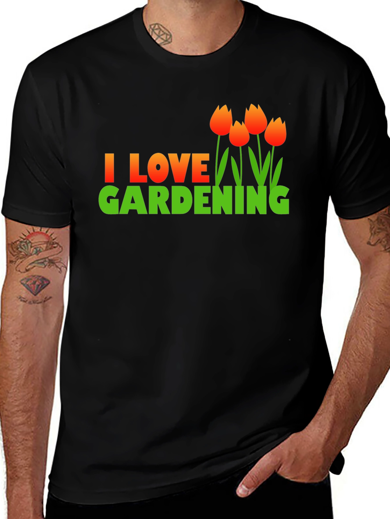 Variant 28 of I Love Gardening T-Shirt - Floral Design, Black Cotton