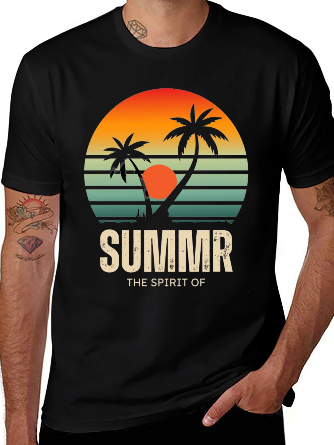 Variant 7 of Summer Spirit Graphic Tee - Retro Palm Tree Sunset Design