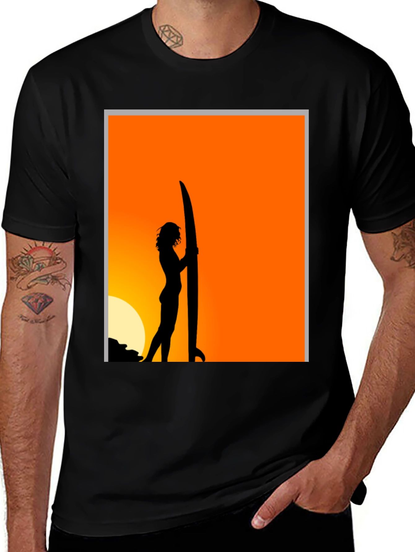 Variant 26 of Sunset Surfer Graphic Tee - Black Cotton T-Shirt