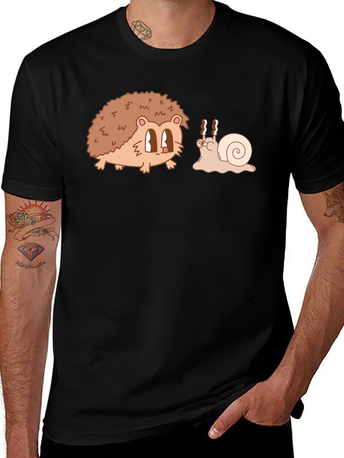 Variant 2 of Hedgehog & Snail Cartoon Graphic Black T-Shirt