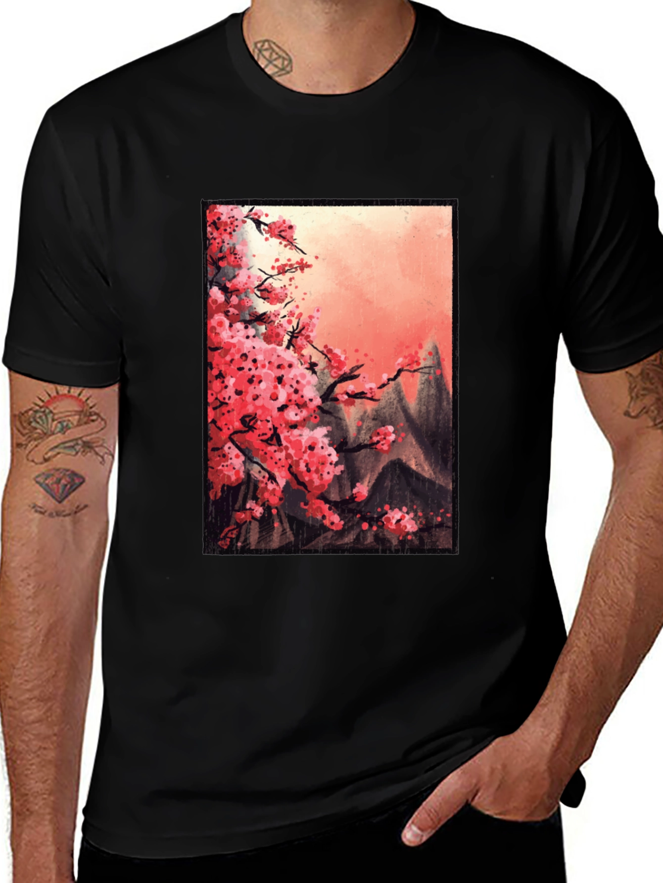 Variant 22 of Cherry Blossom Mountain Scene Graphic Tee