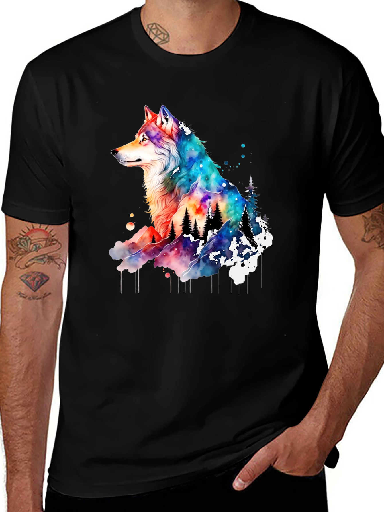 Variant 15 of Watercolor Wolf Graphic Tee - Men's Black T-Shirt