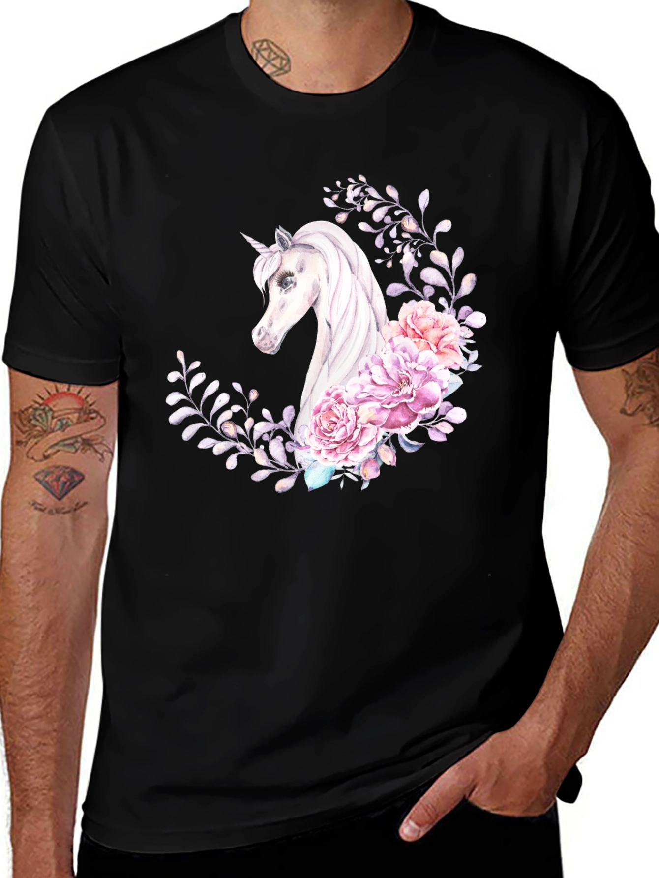 Variant 6 of Floral Unicorn Graphic T-Shirt - Black Casual Tee