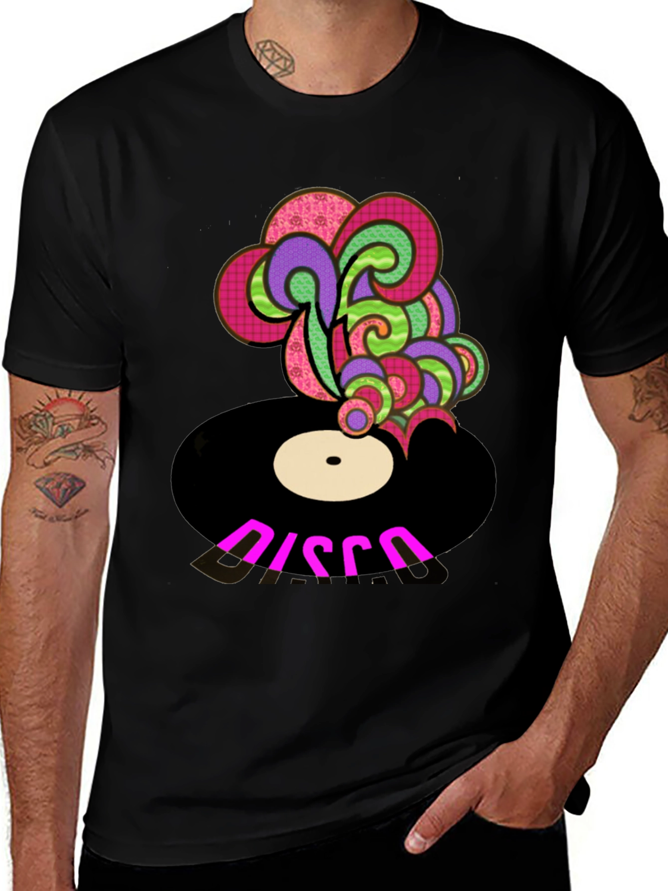Variant 2 of Retro Disco Record Graphic Tee - Black Cotton Blend