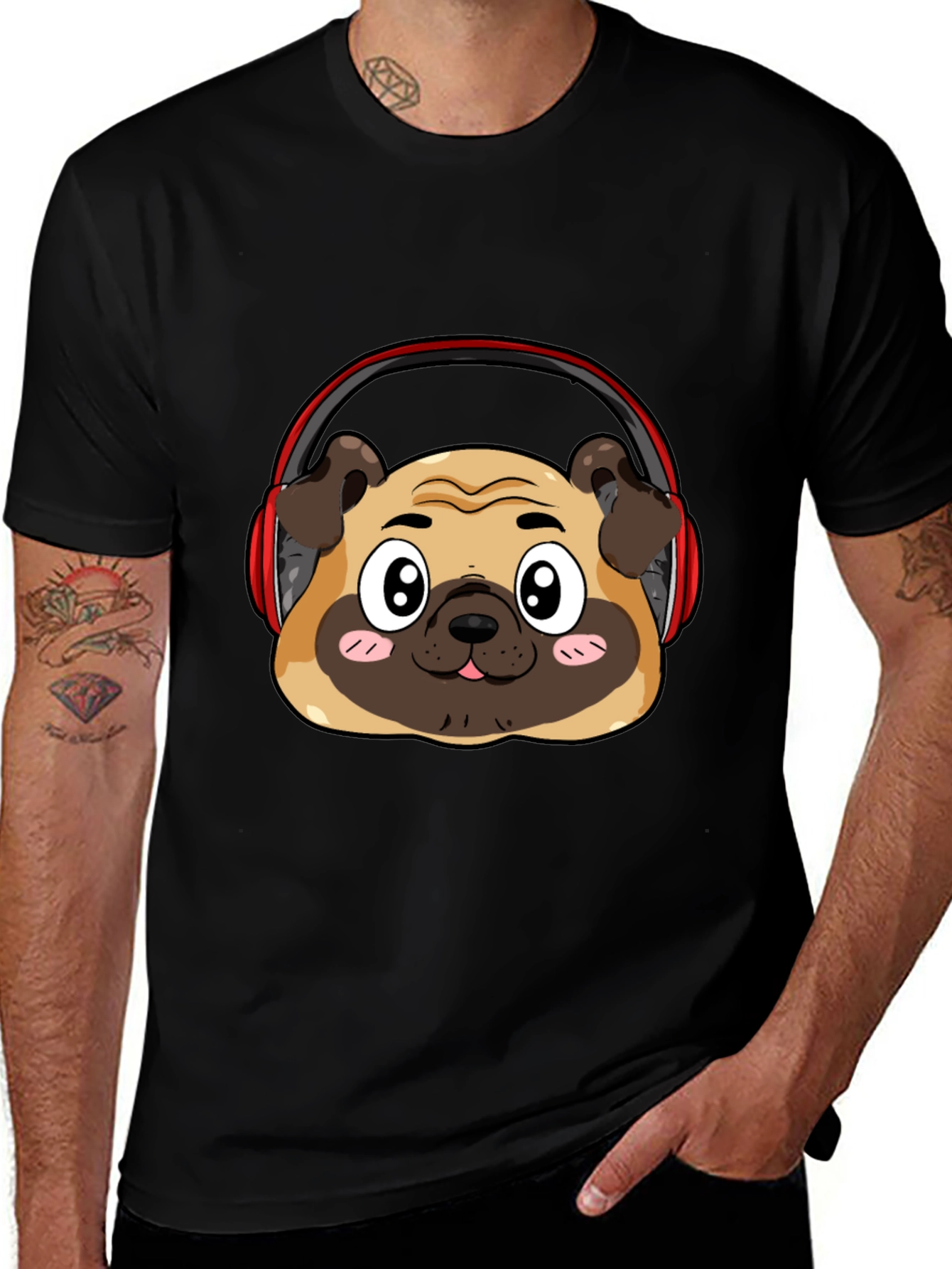 Black Pug Headphone Graphic Black T-Shirt main image