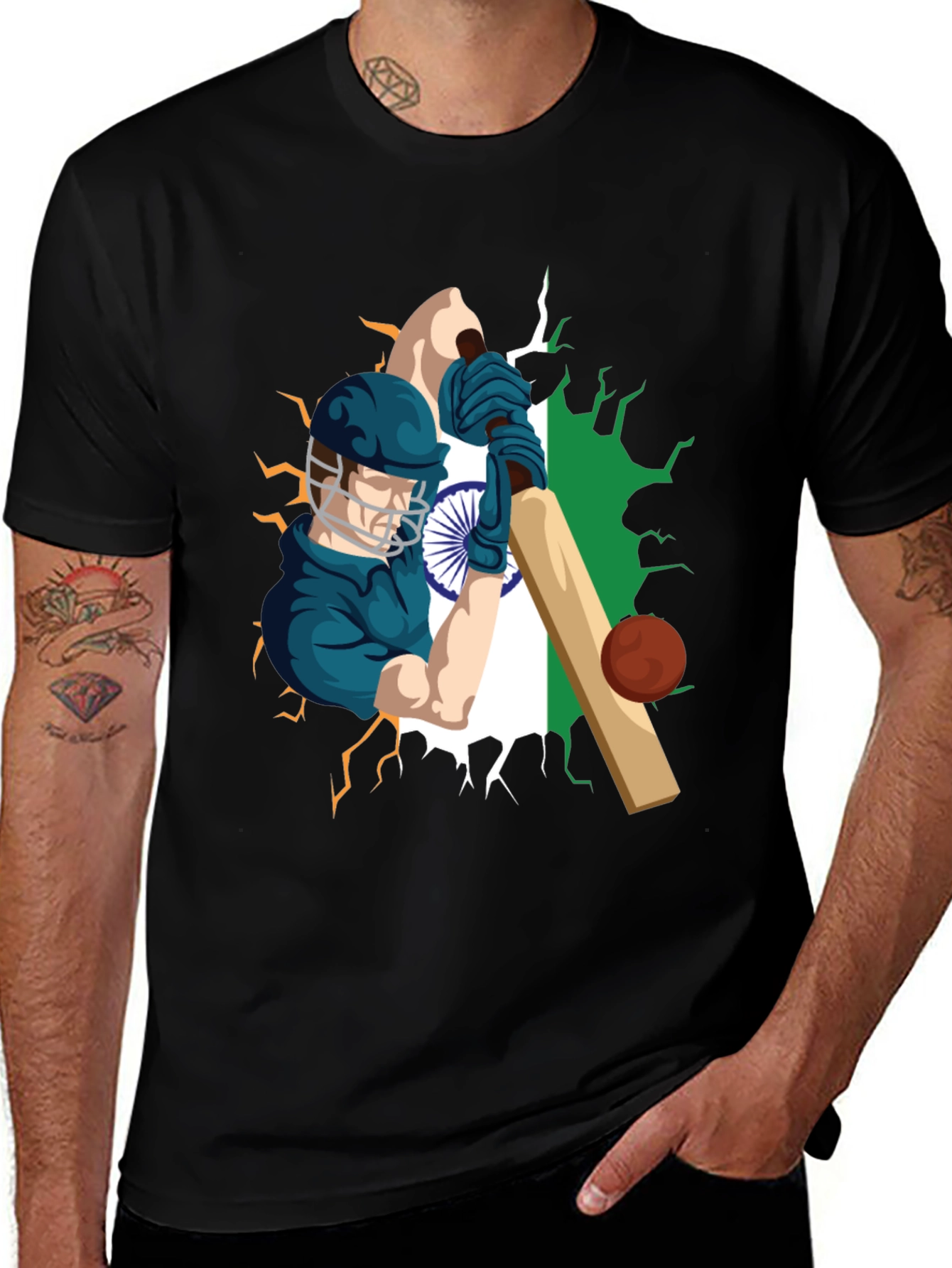 Cricket Player T-Shirt - India Flag Design