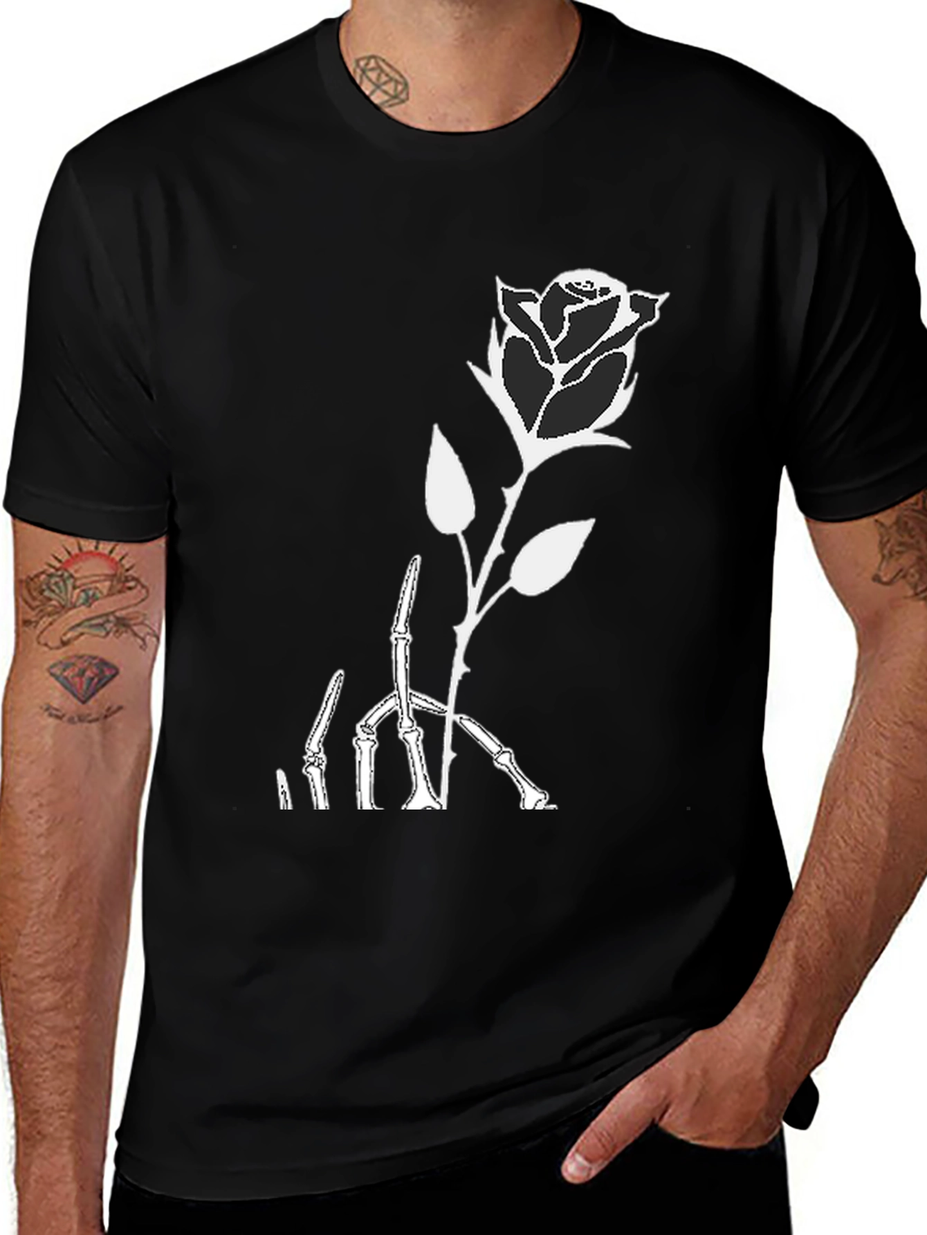 Variant 3 of Rose Skeleton Graphic Print Black T-Shirt