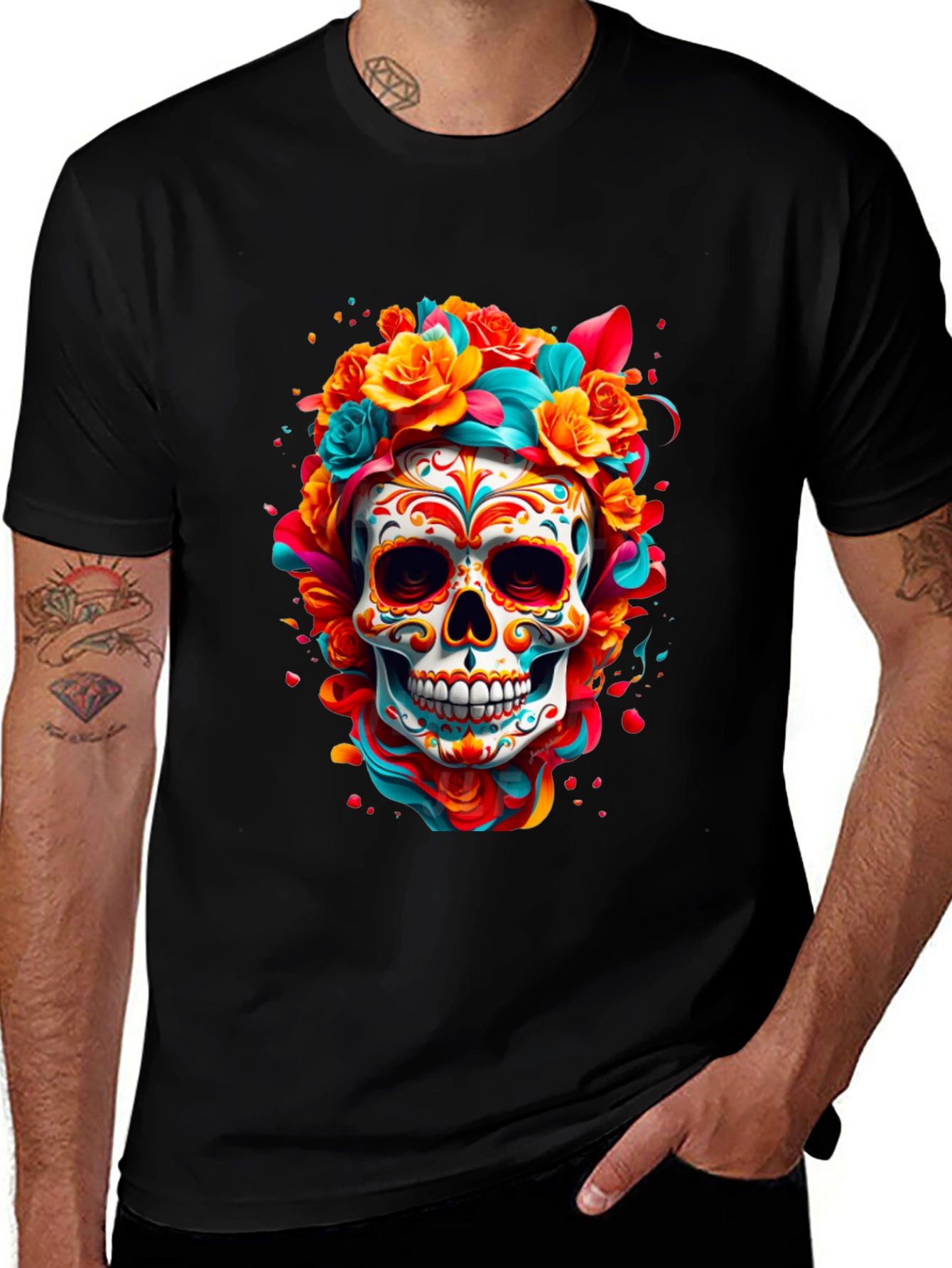 Variant 8 of Sugar Skull Floral T-Shirt - Day of the Dead Design