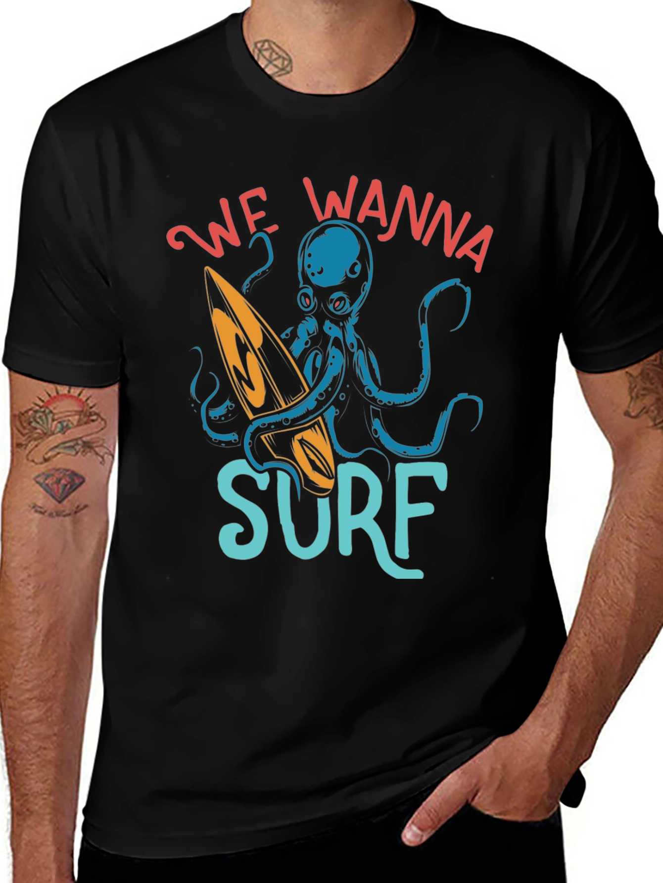Variant 9 of We Wanna Surf Octopus Graphic Tee - Mens Black T-Shirt
