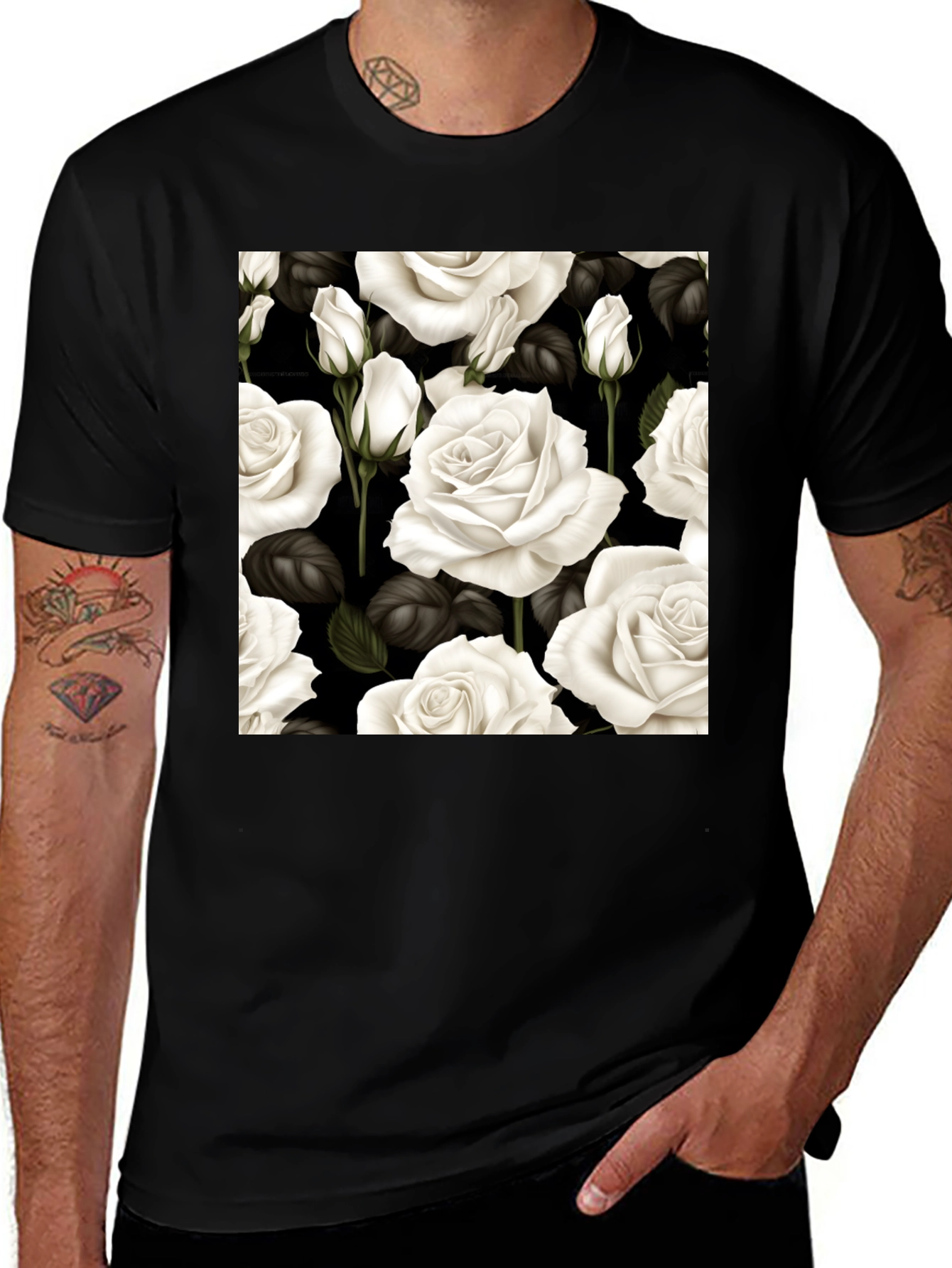 Floral Rose Print Black T-Shirt