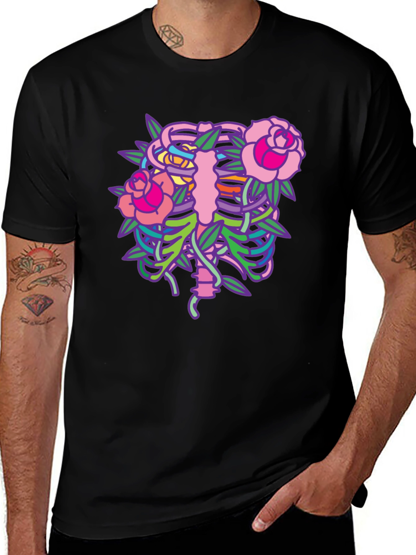 Variant 11 of Floral Ribcage T-Shirt - Gothic Skeleton Rose Tee