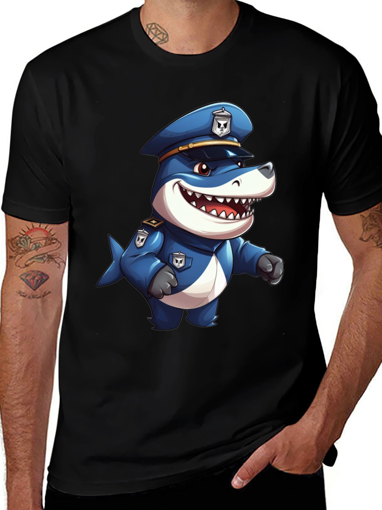 Variant 24 of Cartoon Police Shark T-Shirt - Black Cotton Blend