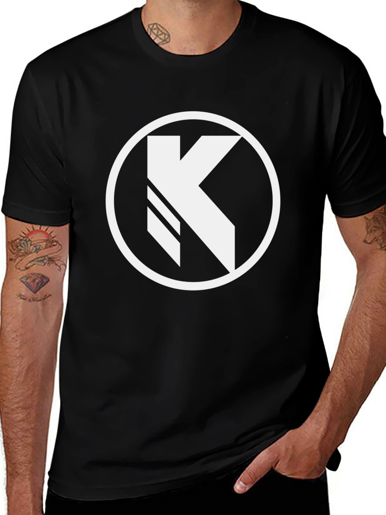 Black Tee with Bold White "K" Circle Graphic