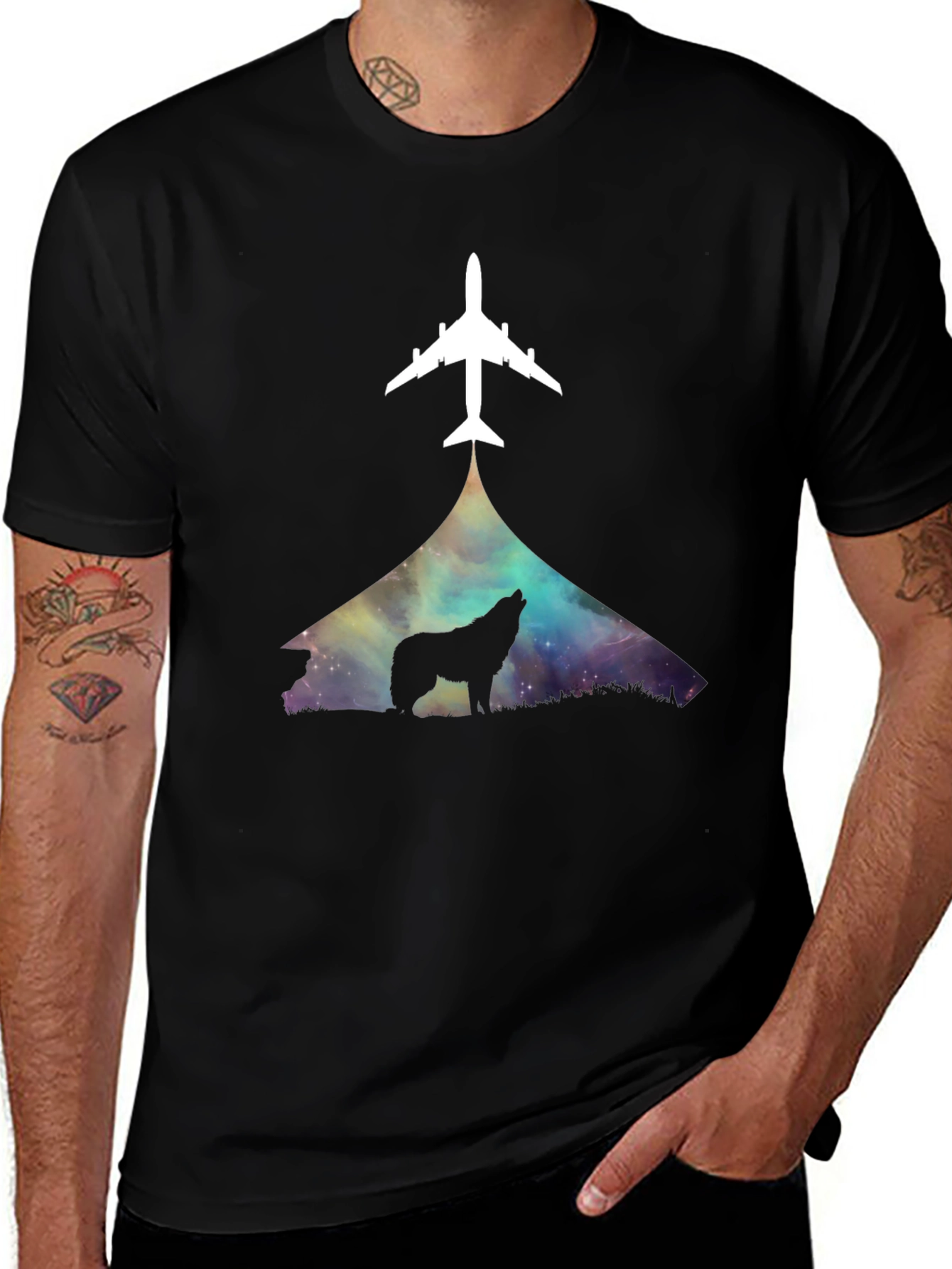 Variant 23 of Wolf Airplane Graphic Tee - Black Cotton Blend Shirt