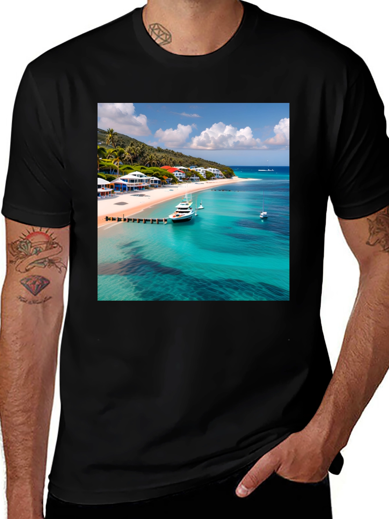 Variant 21 of Tropical Beach Print Black T-Shirt