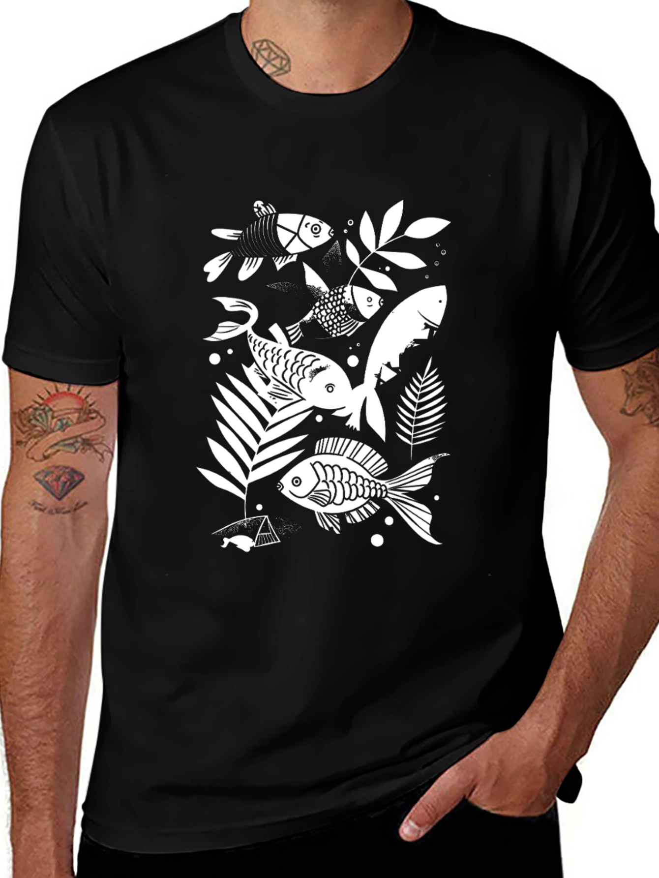 Variant 5 of Unique Fish Print Black T-Shirt