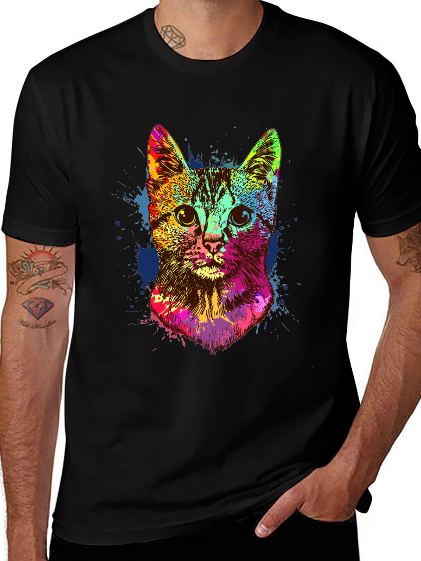 Variant 26 of Vibrant Cat Portrait Graphic Tee - Artistic Crew Neck T-Shirt