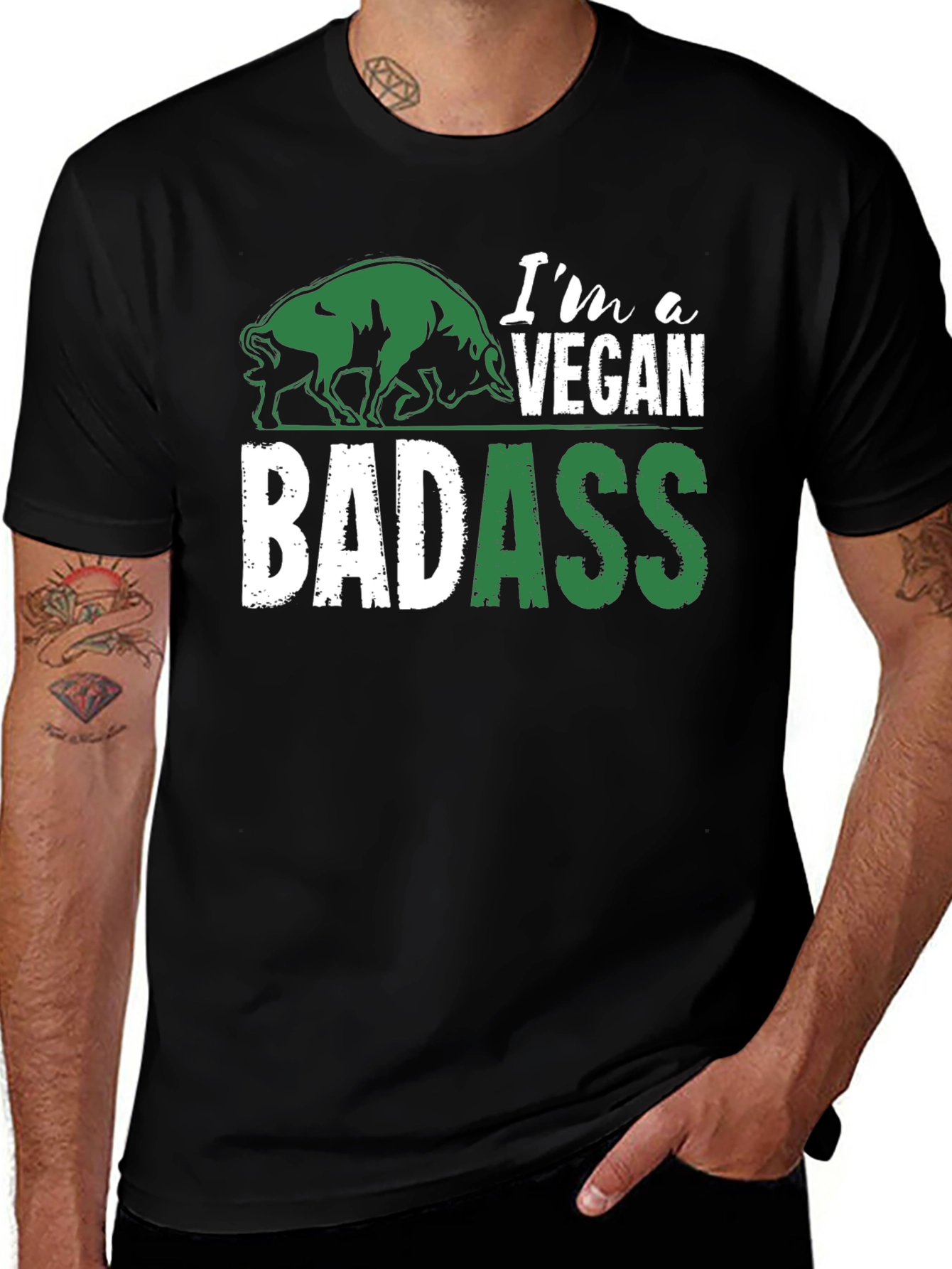 Variant 9 of Vegan Badass Graphic T-Shirt - Green and White Design