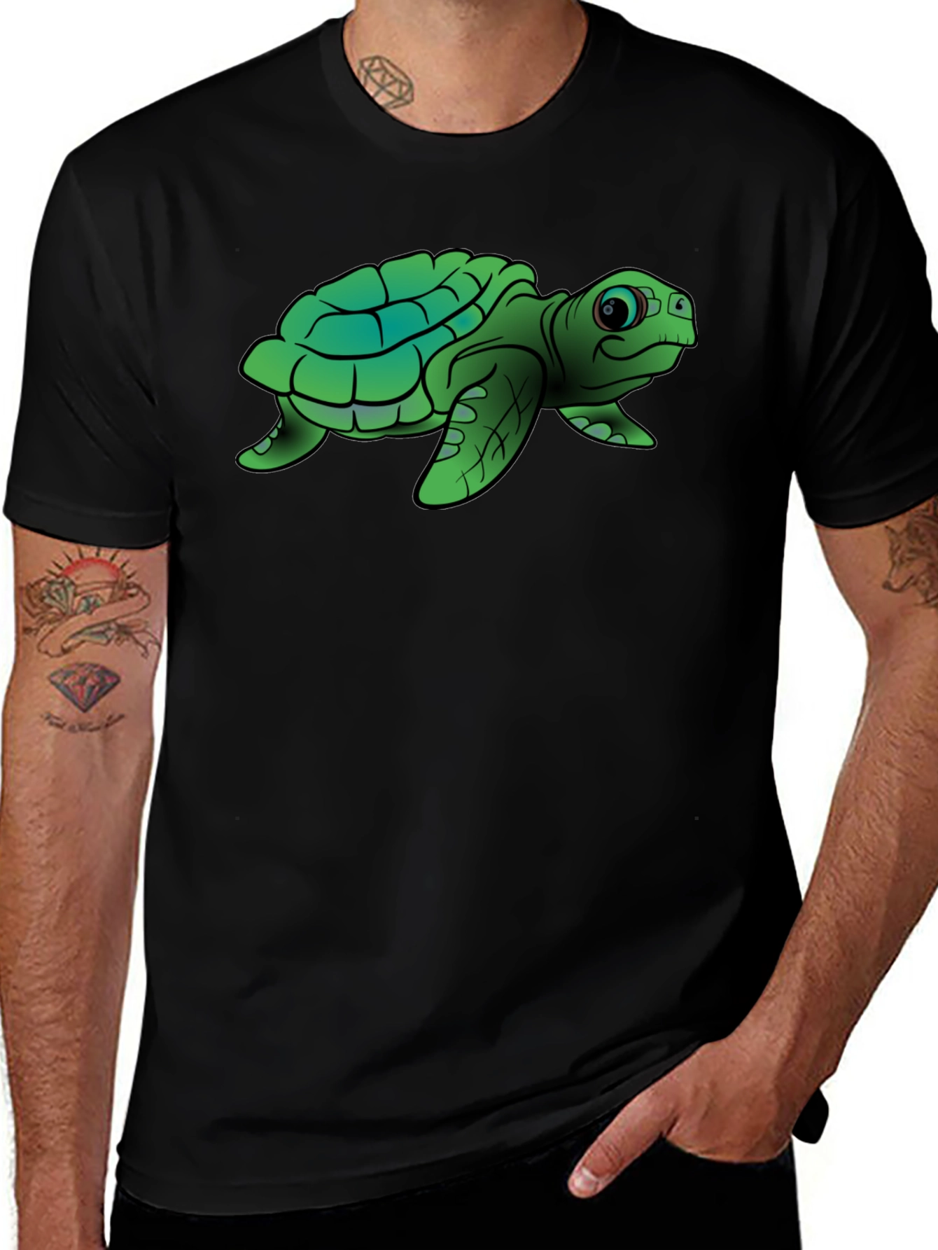 Black Cute Turtle Graphic Tee - Black Cotton T-Shirt main image