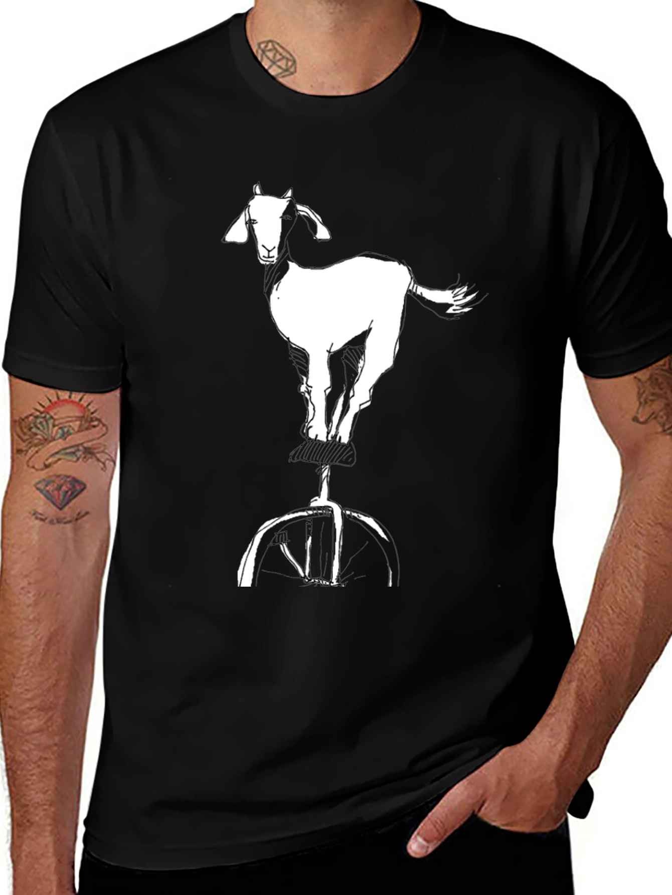 Variant 18 of Goat on Unicycle Graphic Tee - Cool Casual Black T-Shirt
