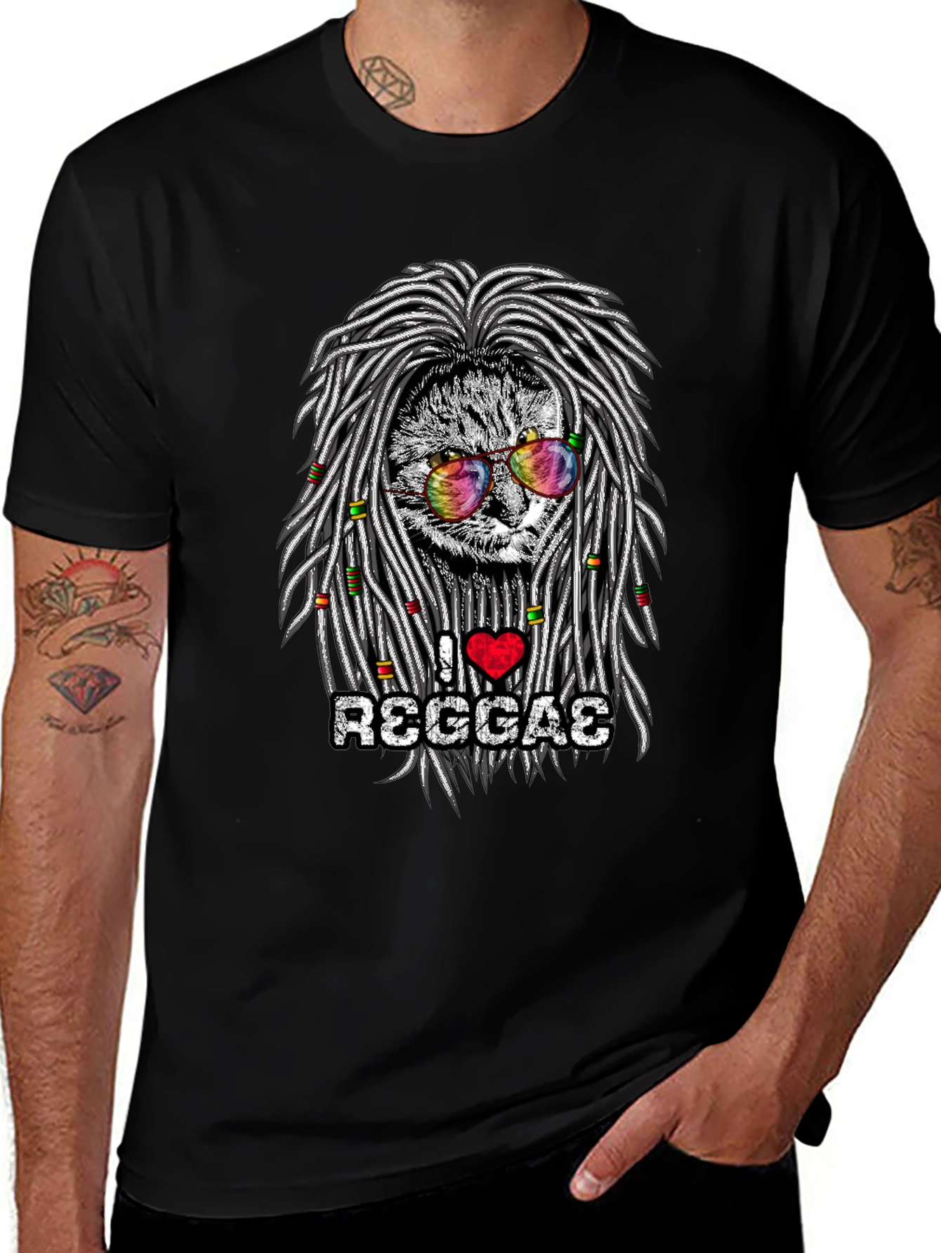 Black I Love Reggae Cat Graphic T-Shirt main image