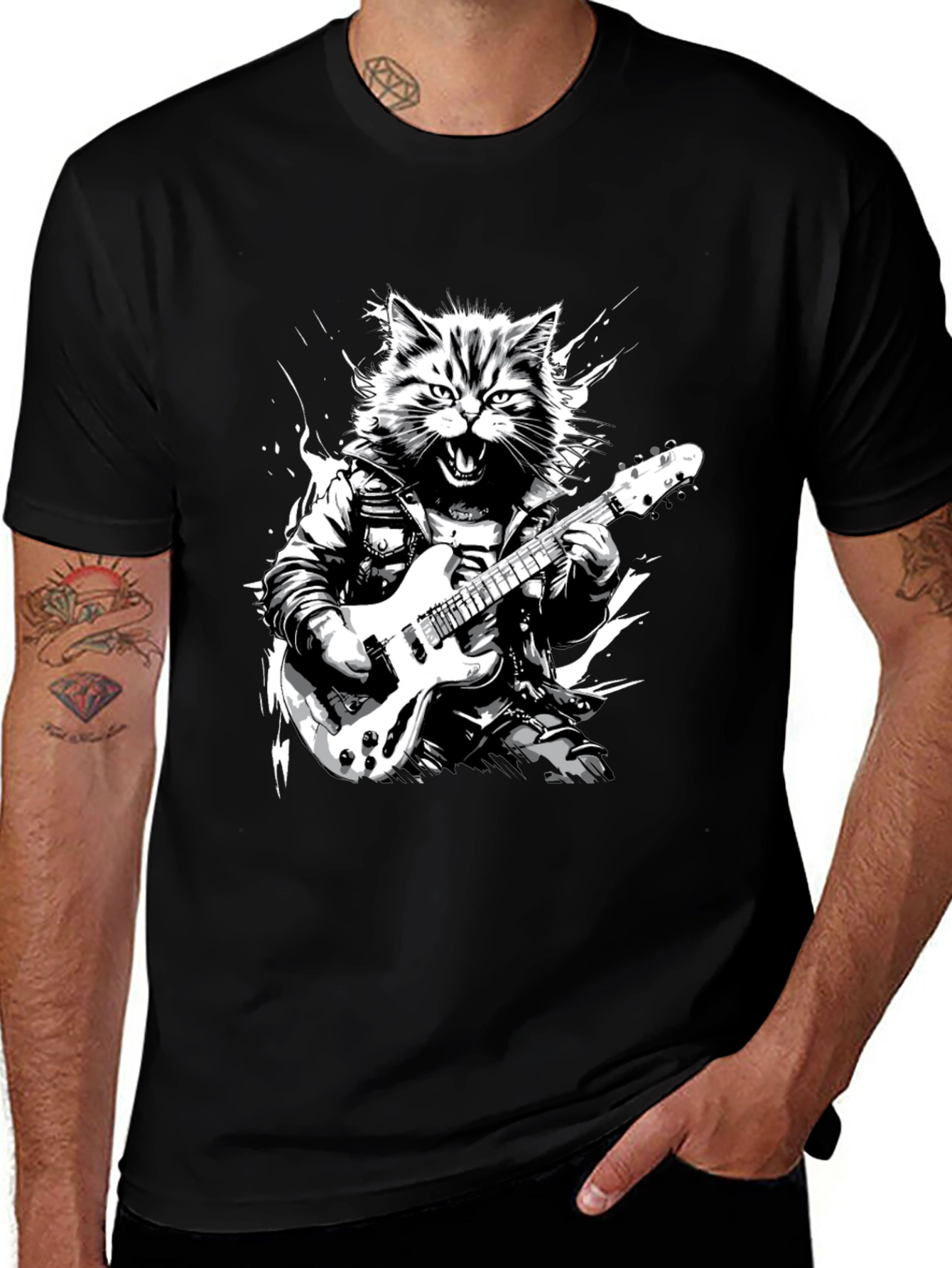 Variant 8 of Cat Rocker T-Shirt - Black Cotton Tee