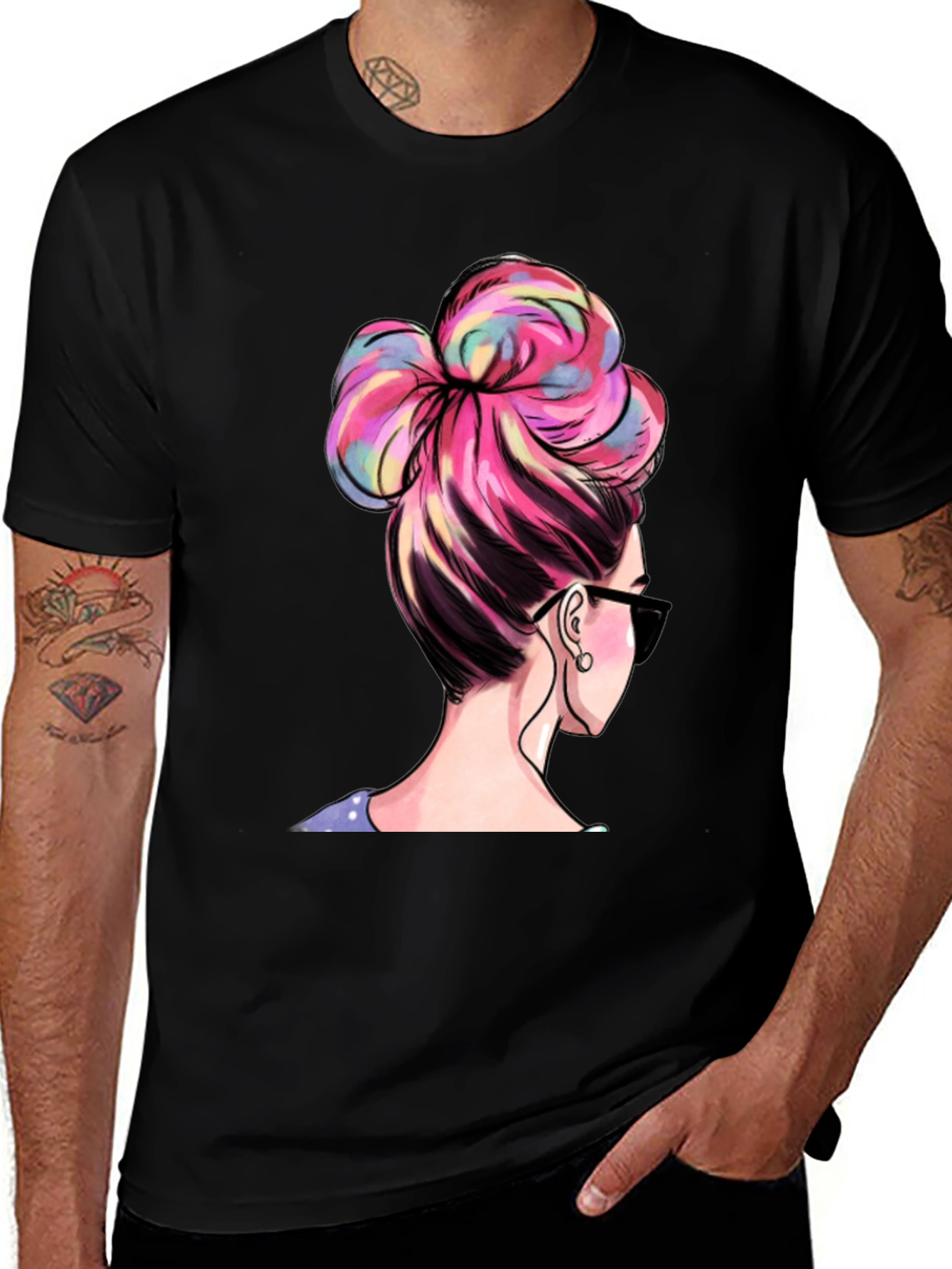 Variant 12 of Colorful Hair Bun Graphic T-Shirt - Casual Style