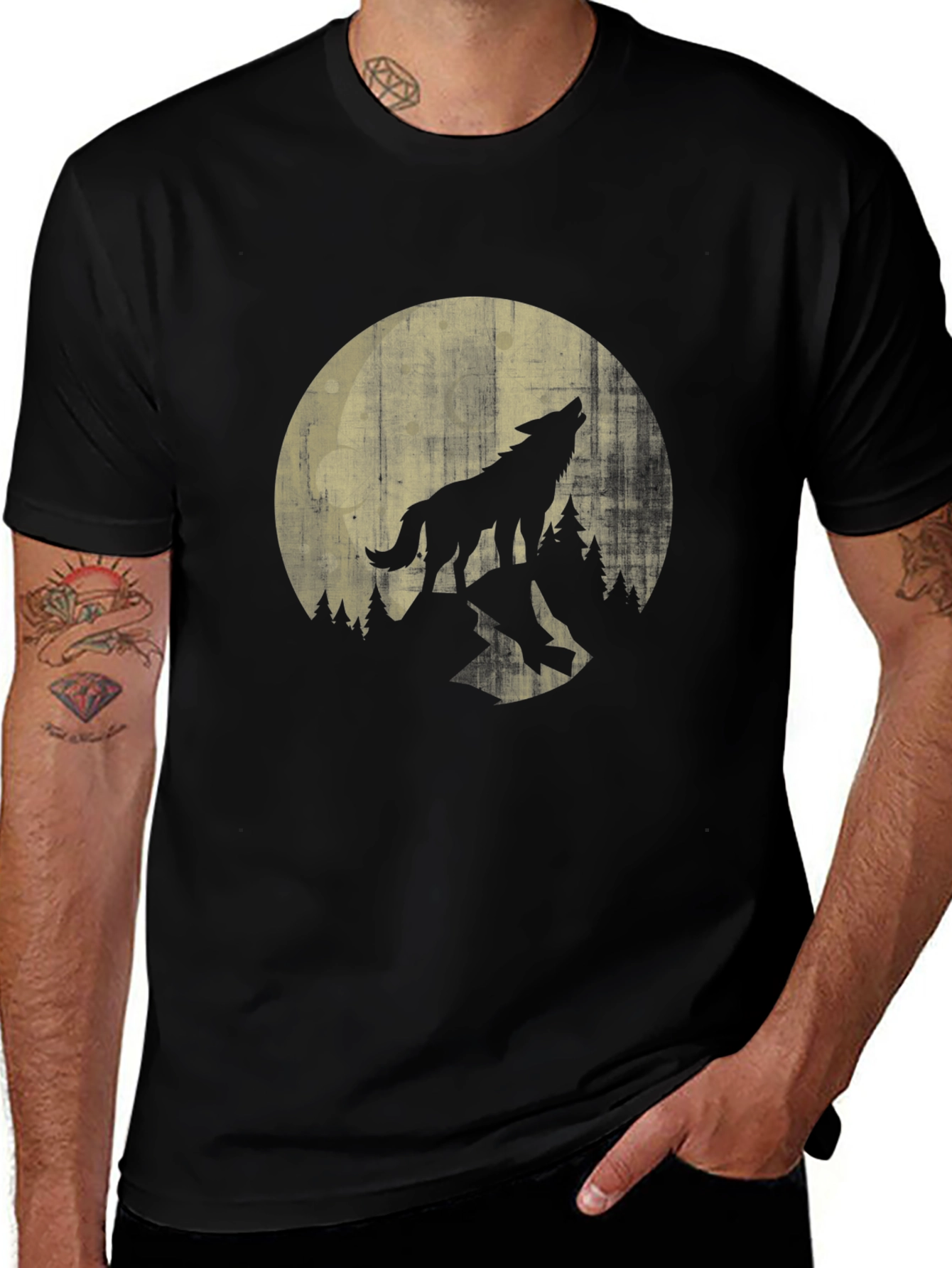Variant 7 of Wolf Howling at Moon Graphic Tee - Black