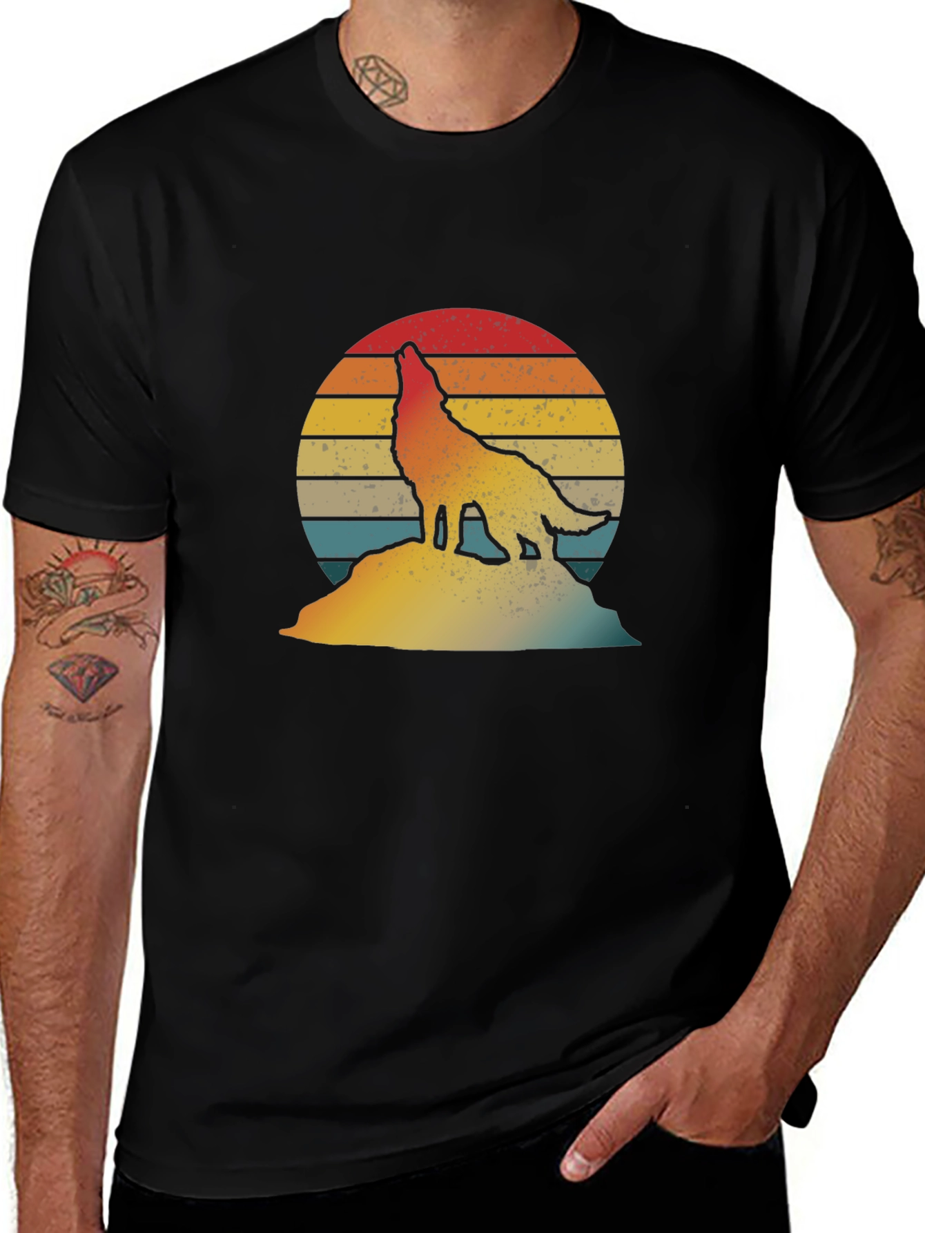 Variant 7 of Retro Wolf Sunset Graphic Tee - Black