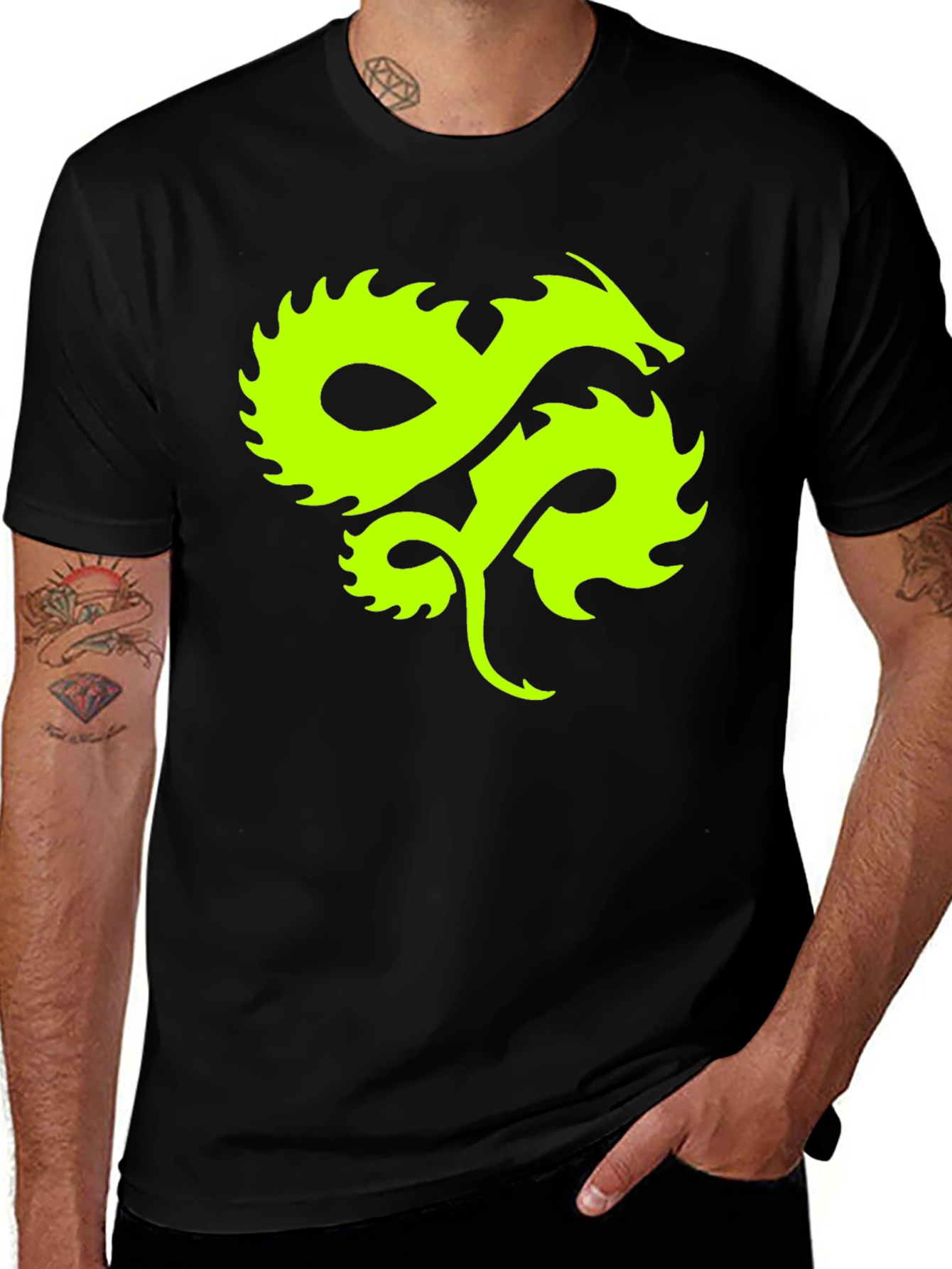 Variant 2 of Dragon Graphic T-Shirt - Black Tee with Neon Green Dragon Design