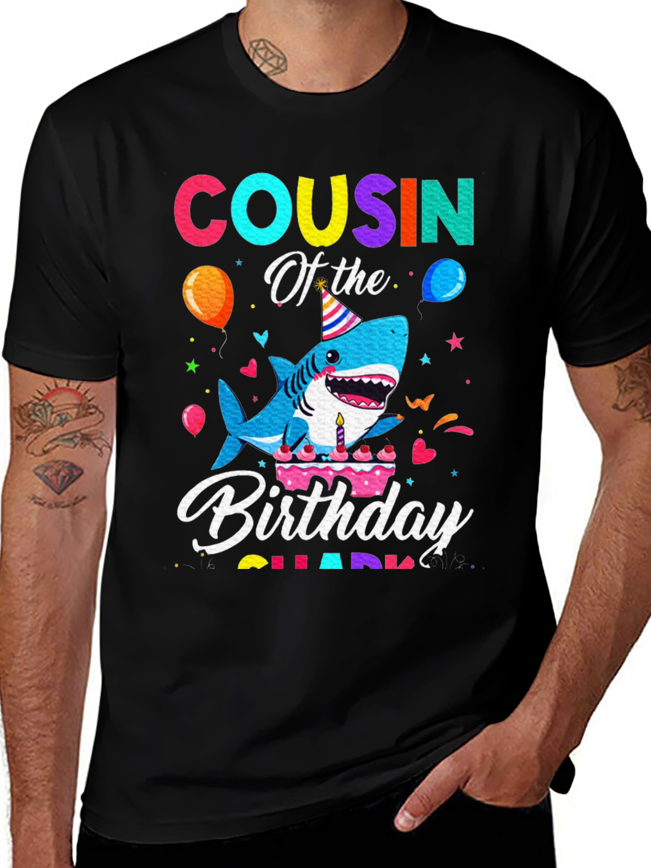 Variant 23 of Cousin Of The Birthday Shark Black T-Shirt