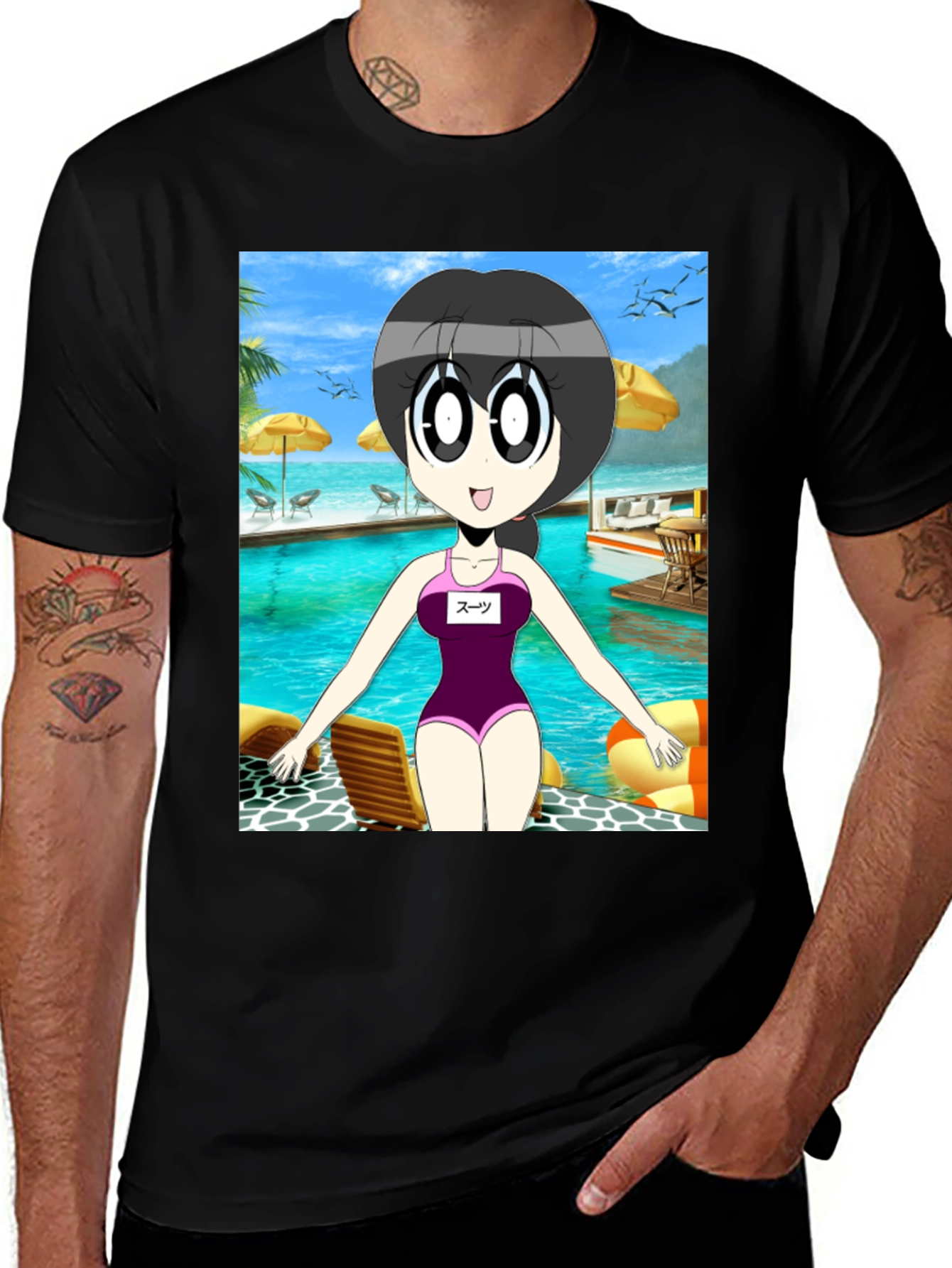 Variant 16 of Cartoon Swimsuit Girl Graphic Tee - Black