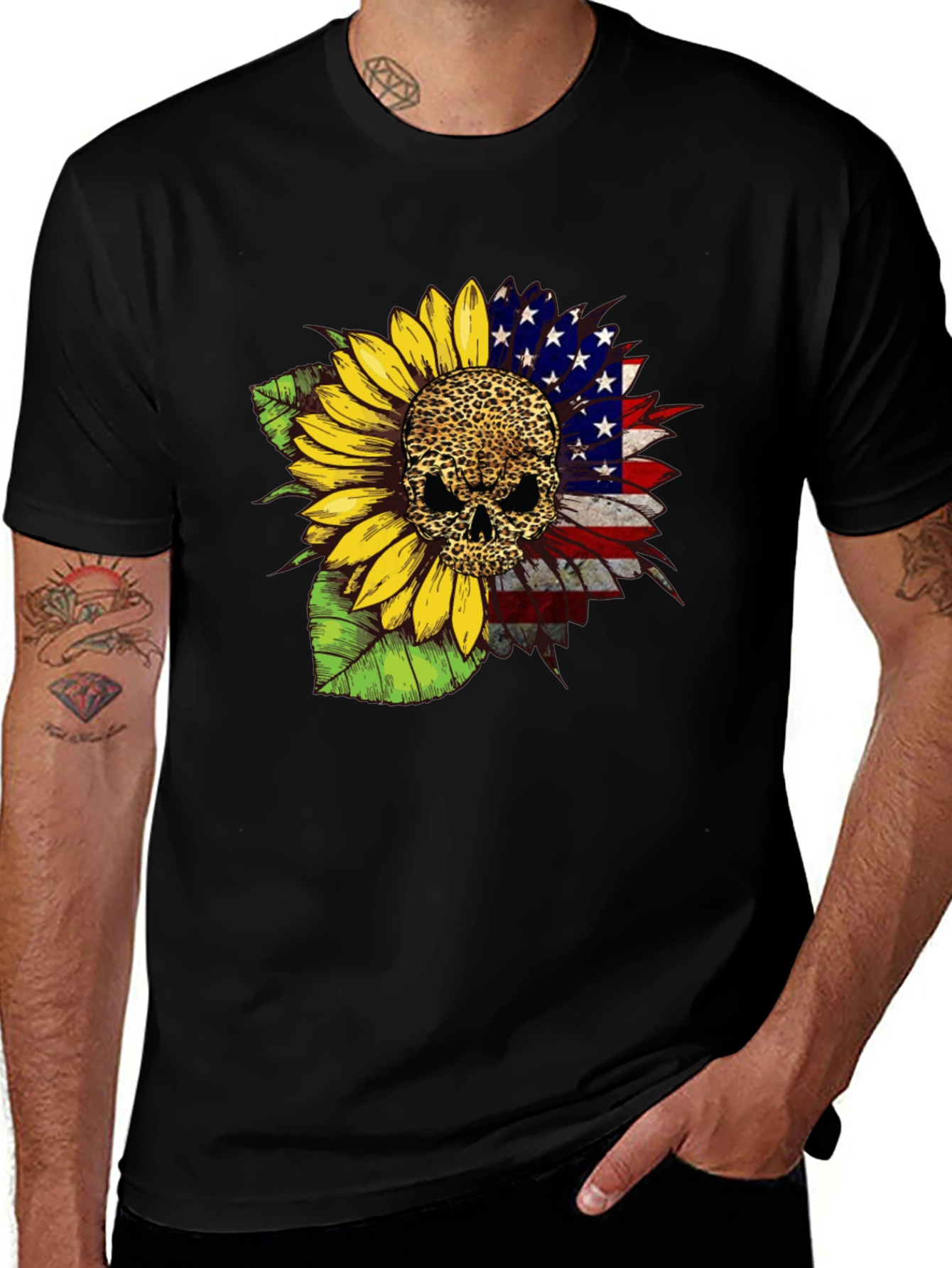 Variant 21 of Skull Sunflower American Flag Graphic Tee