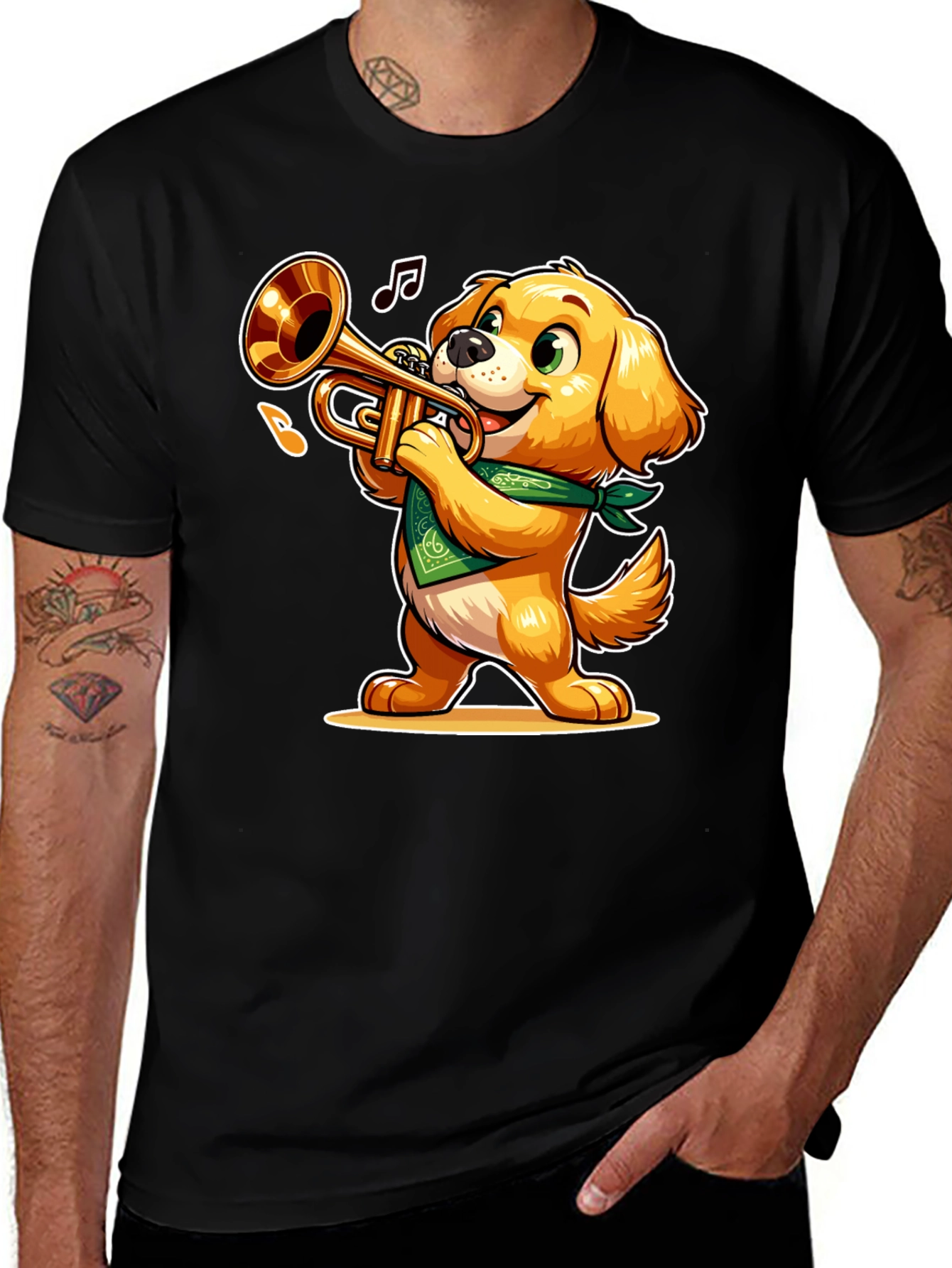 Dog Playing Trumpet T-Shirt - Fun Cartoon Design