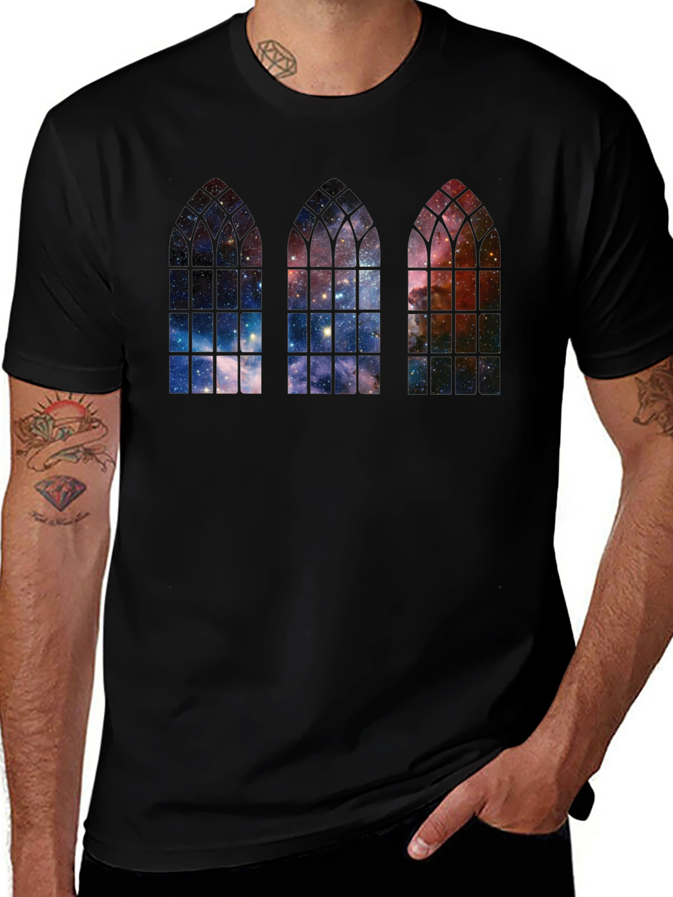 Variant 8 of Cosmic Cathedral Window T-Shirt - Gothic Galaxy Tee