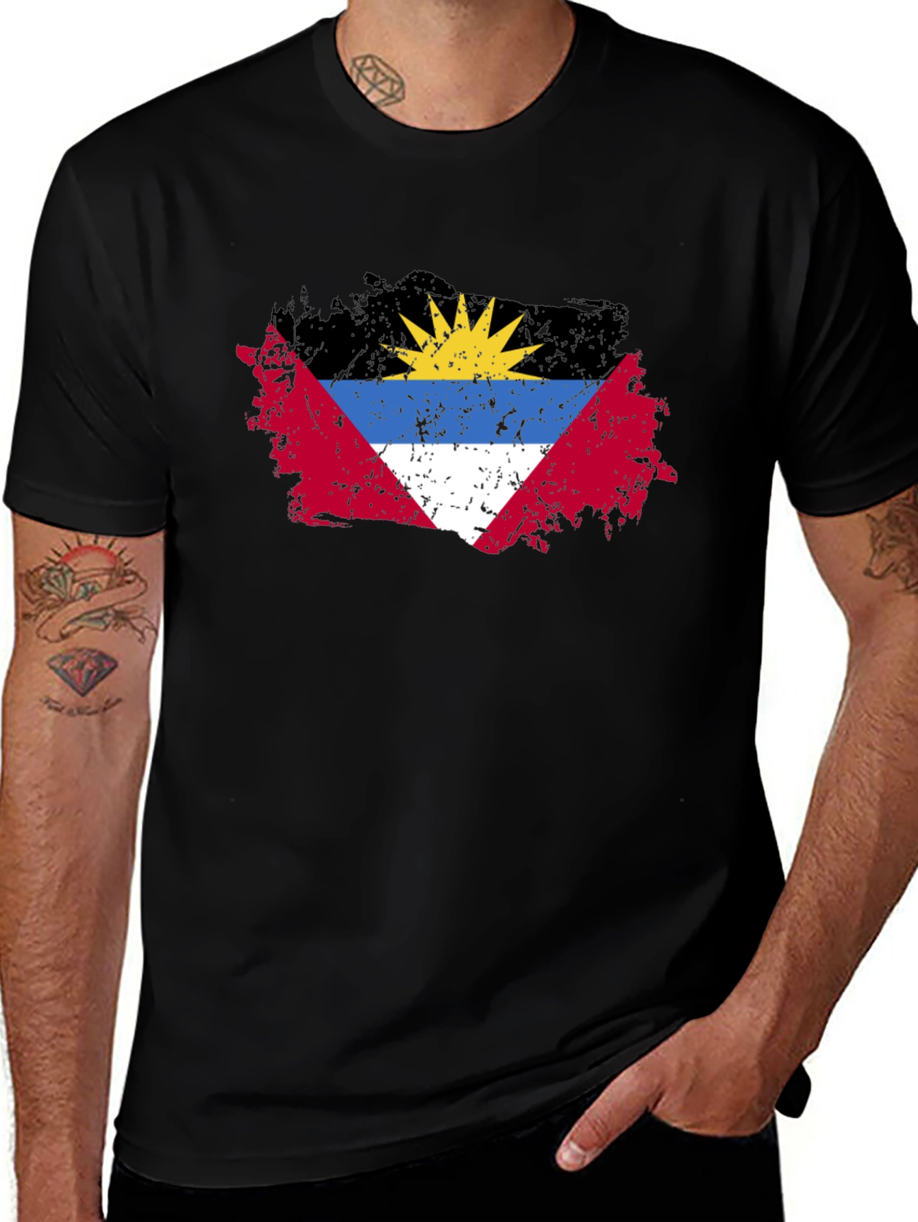 Antigua Flag Distressed T-Shirt - Black