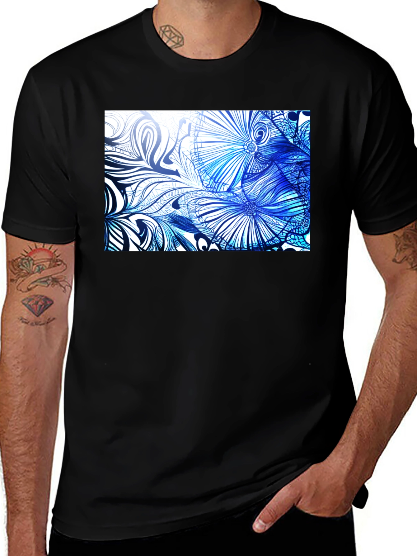 Variant 17 of Blue Floral Art Black T-Shirt