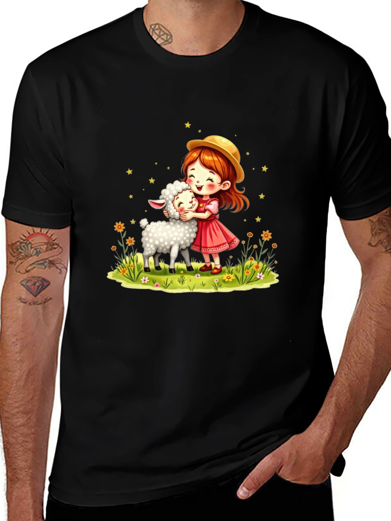 Variant 3 of Girl and Sheep Cartoon Graphic T-Shirt