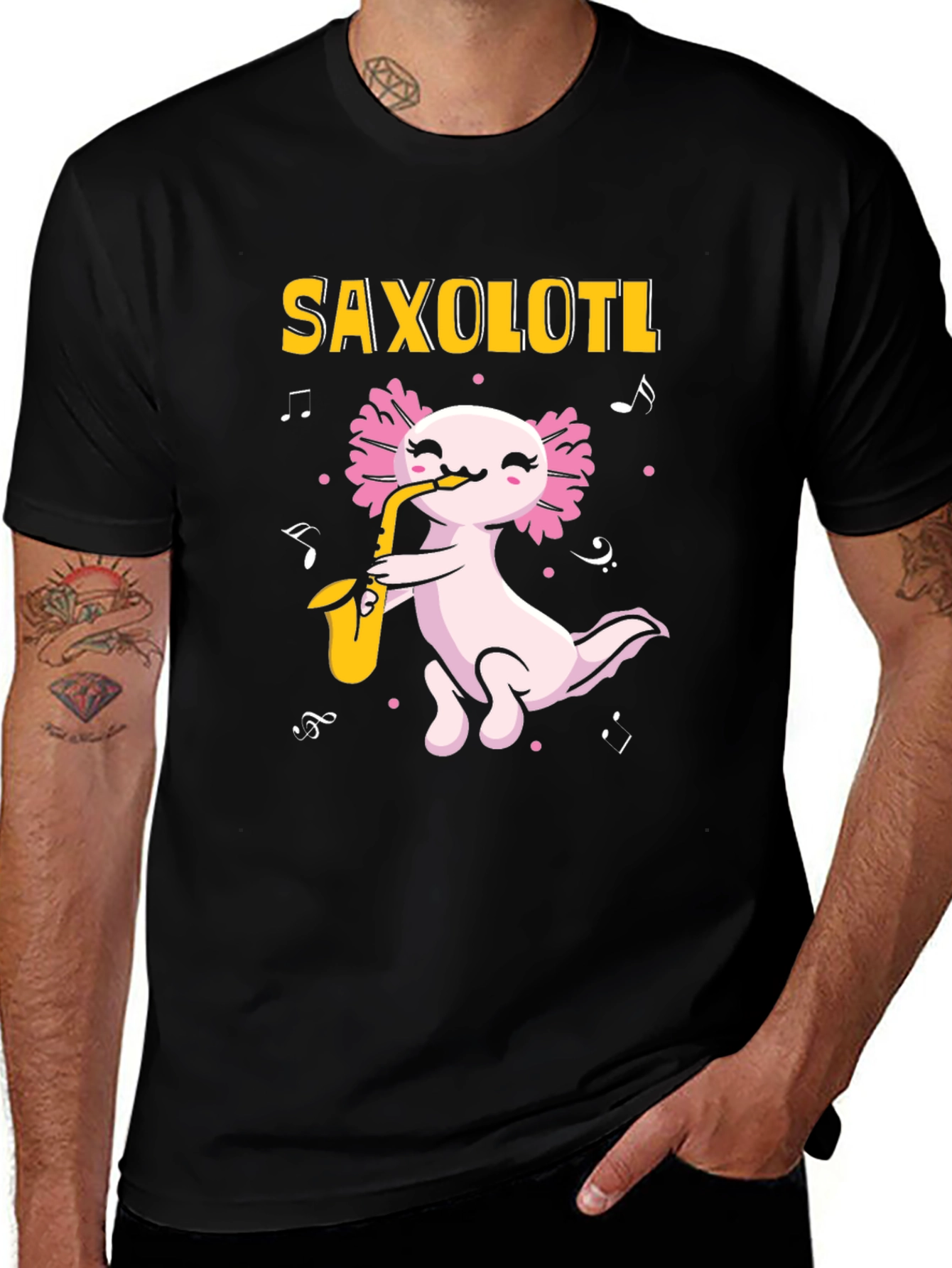 Black Saxolotl T-Shirt - Axolotl Saxophone Player main image