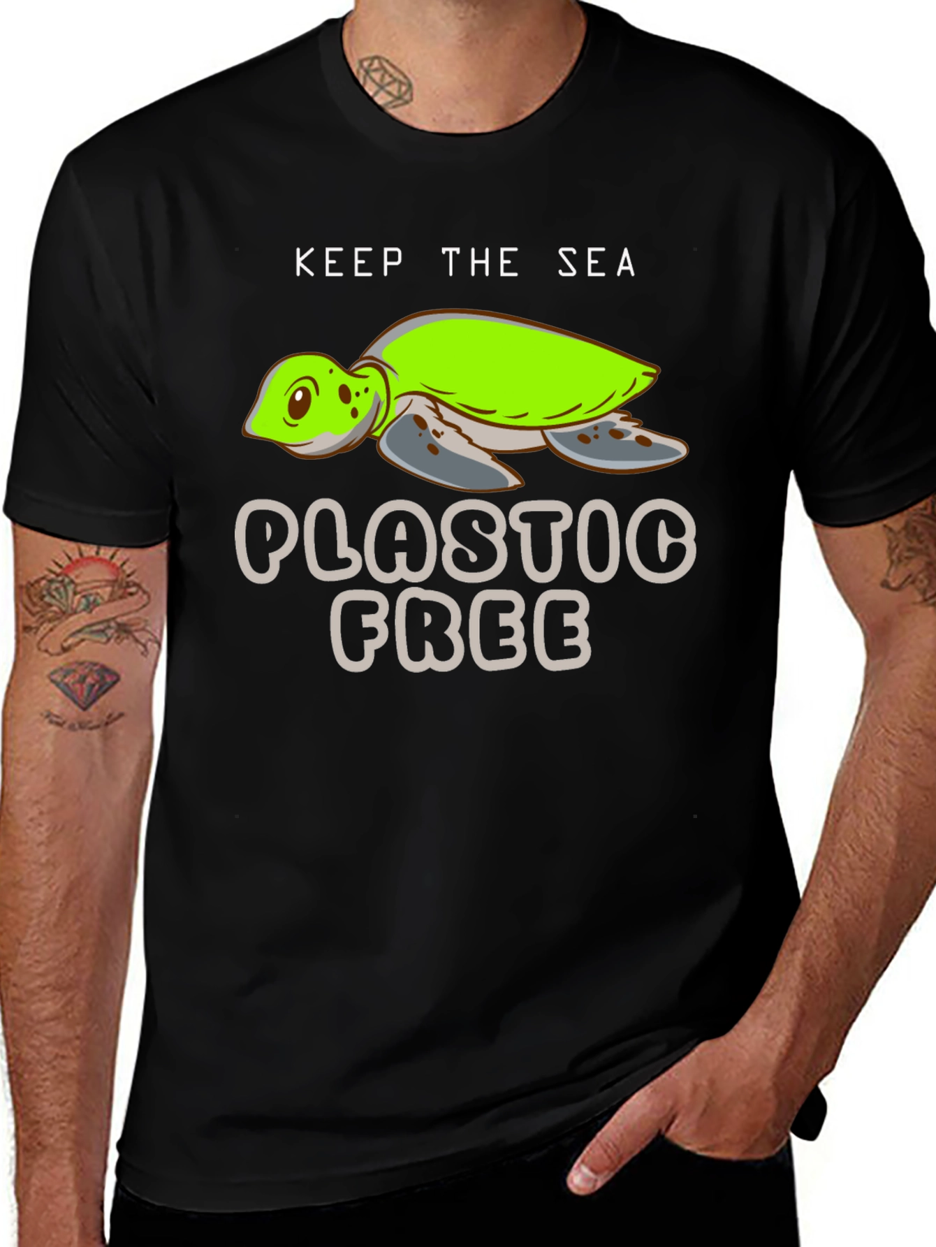 Keep The Sea Plastic Free Black Turtle Graphic T-Shirt