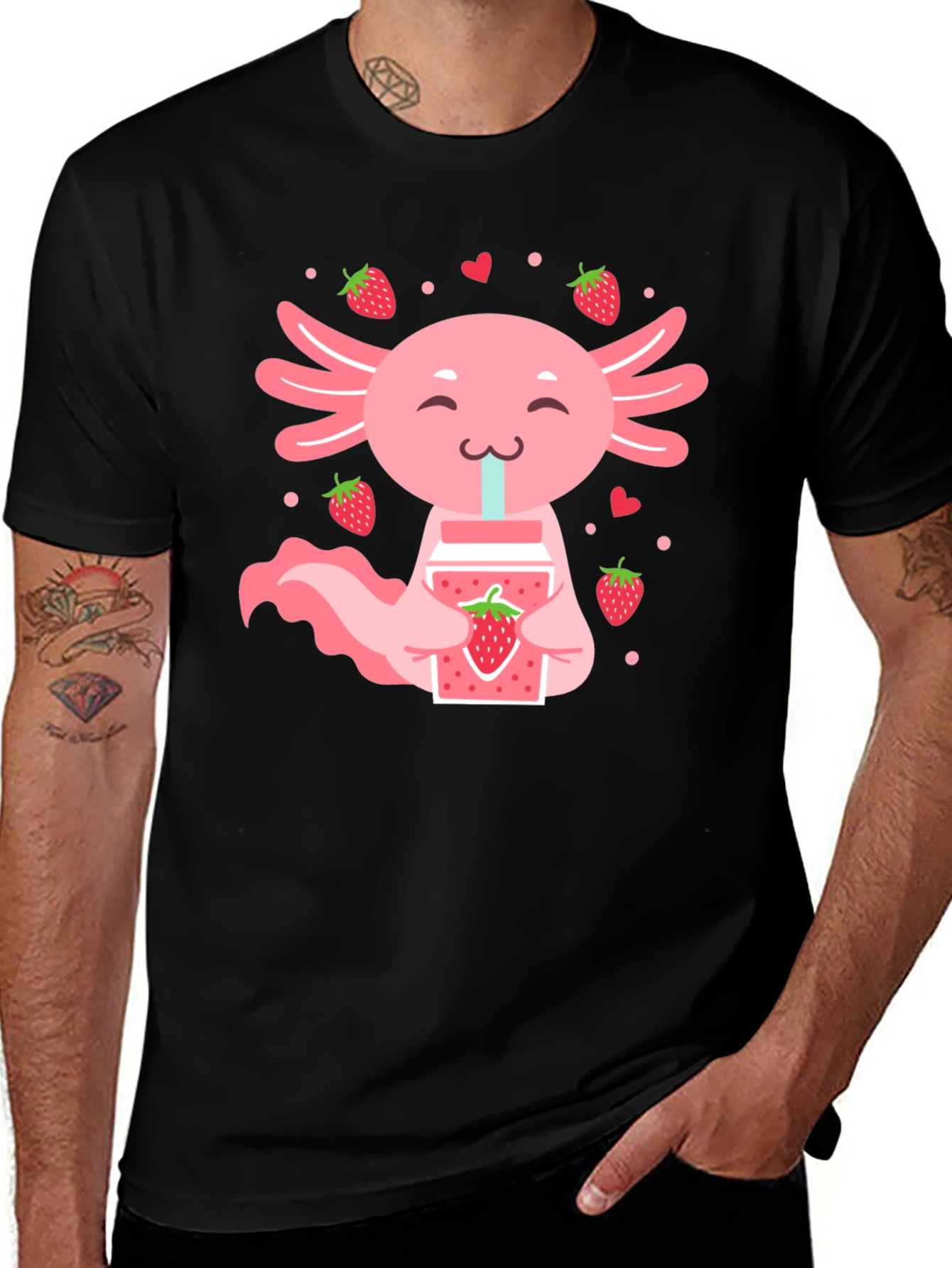 Variant 12 of Cute Axolotl Strawberry Drink Graphic Tee