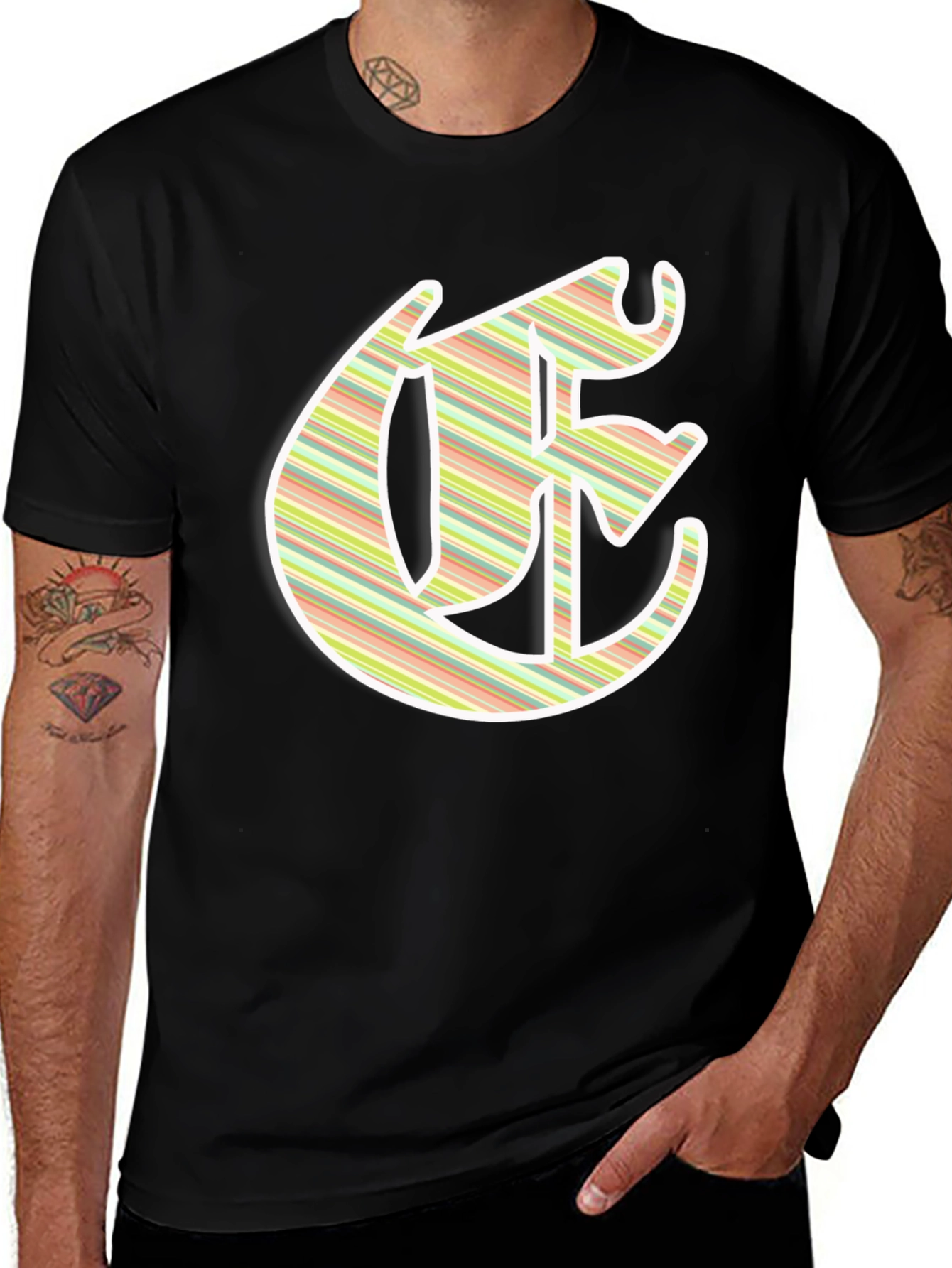 Variant 25 of Striped Initial Graphic T-Shirt - Black